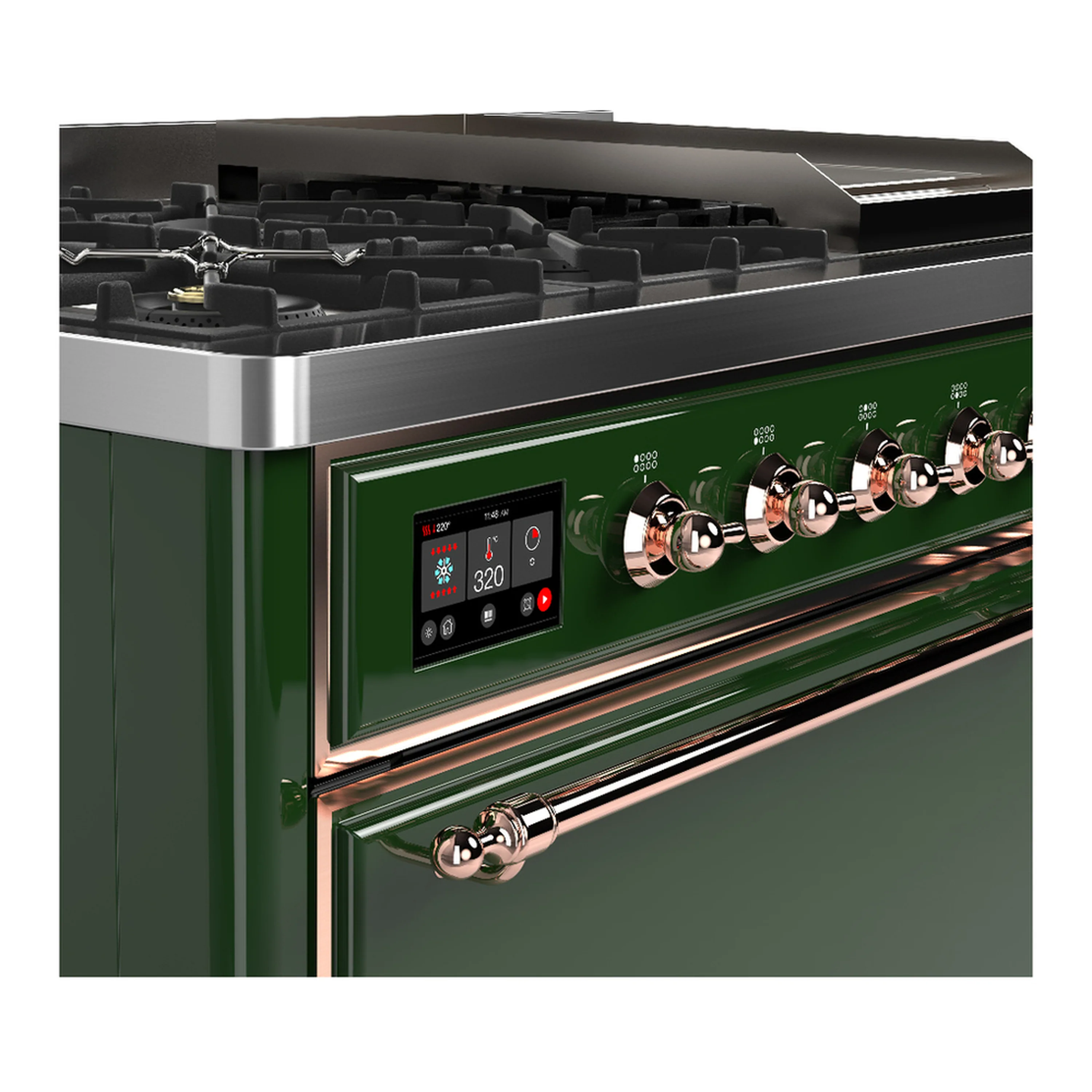 ILVE Majestic III 48-inch Dual Fuel Range with 5 Liquid Propane Burner, Griddle and Solid Door Electric Oven in Emerald Green with Copper Trim (UM48FQNR3EGPLP) - Image 7