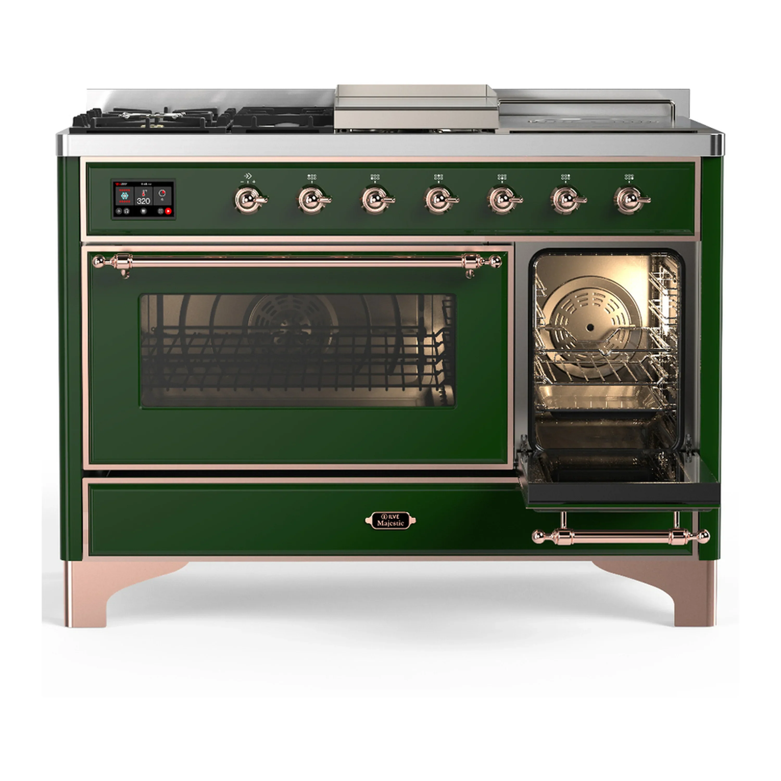 ILVE Majestic III 48-inch Dual Fuel Range with 5 Natural Gas Burner, Griddle, French Top and Triple Glass Door Electric Oven in Emerald Green with Copper Trim (UM48FSNR3EGP) - Image 4
