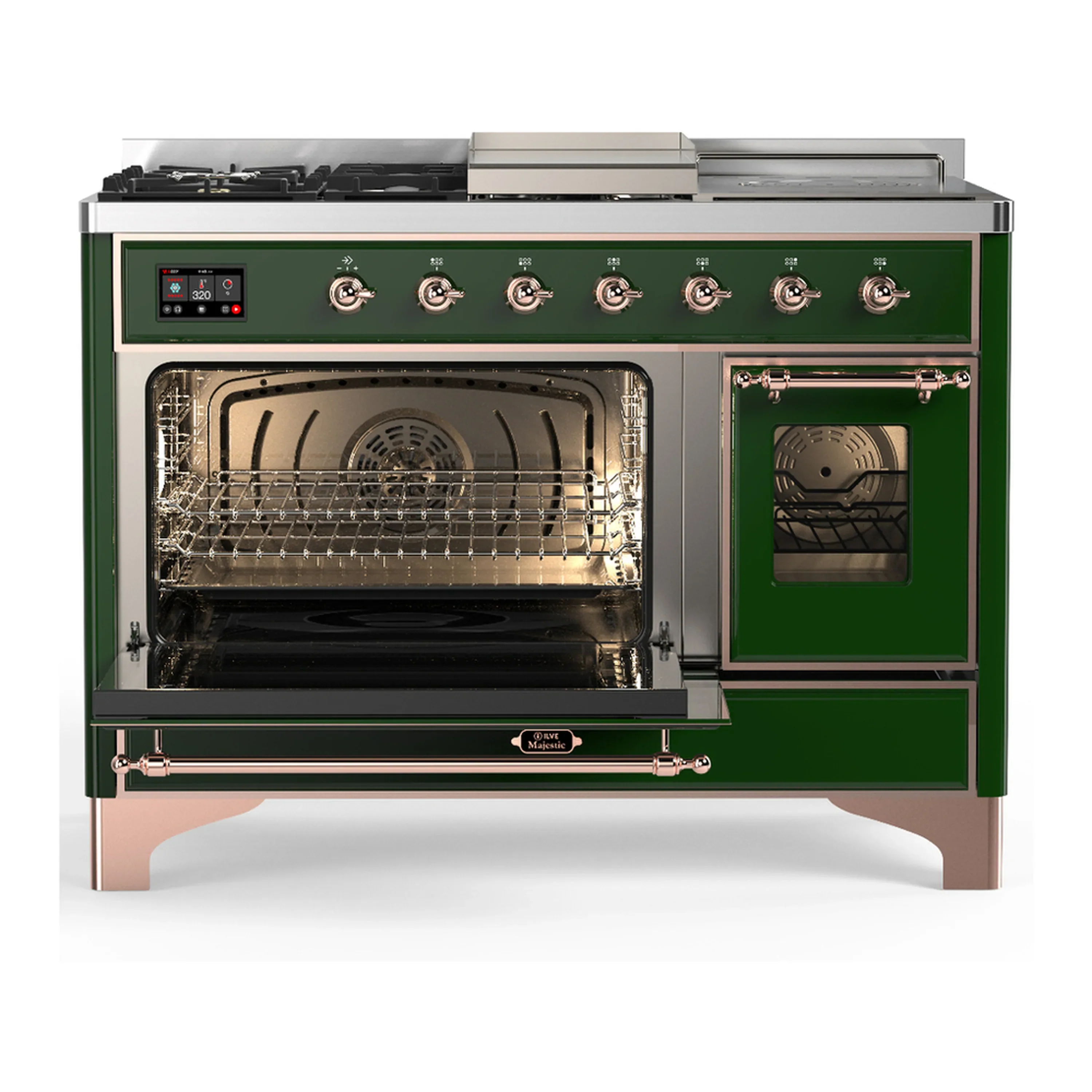 ILVE Majestic III 48-inch Dual Fuel Range with 5 Natural Gas Burner, Griddle, French Top and Triple Glass Door Electric Oven in Emerald Green with Copper Trim (UM48FSNR3EGP) - Image 5