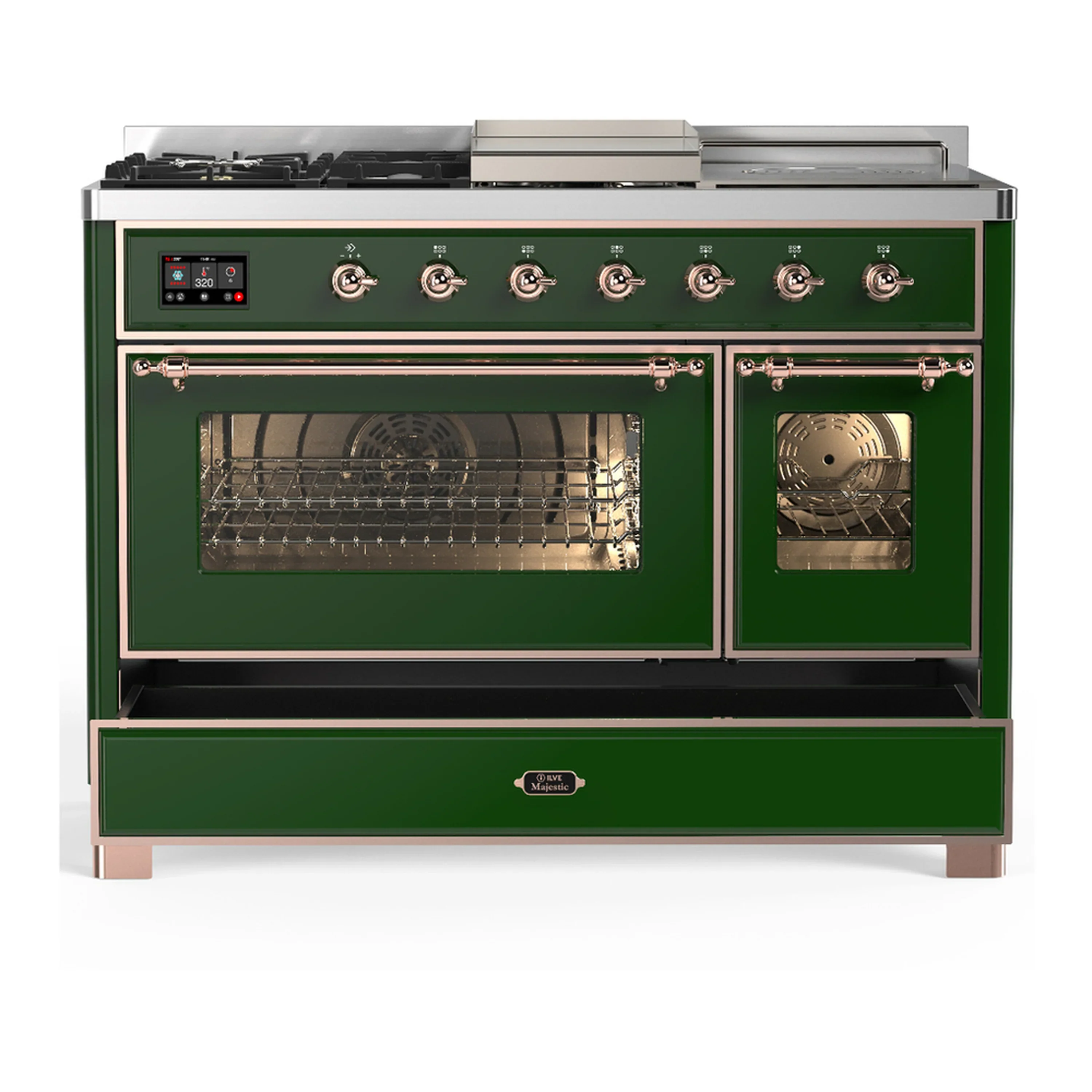 ILVE Majestic III 48-inch Dual Fuel Range with 5 Liquid Propane Burner, Griddle, French Top and Triple Glass Door Electric Oven in Emerald Green with Copper Trim (UM48FSNR3EGPLP) - Image 3