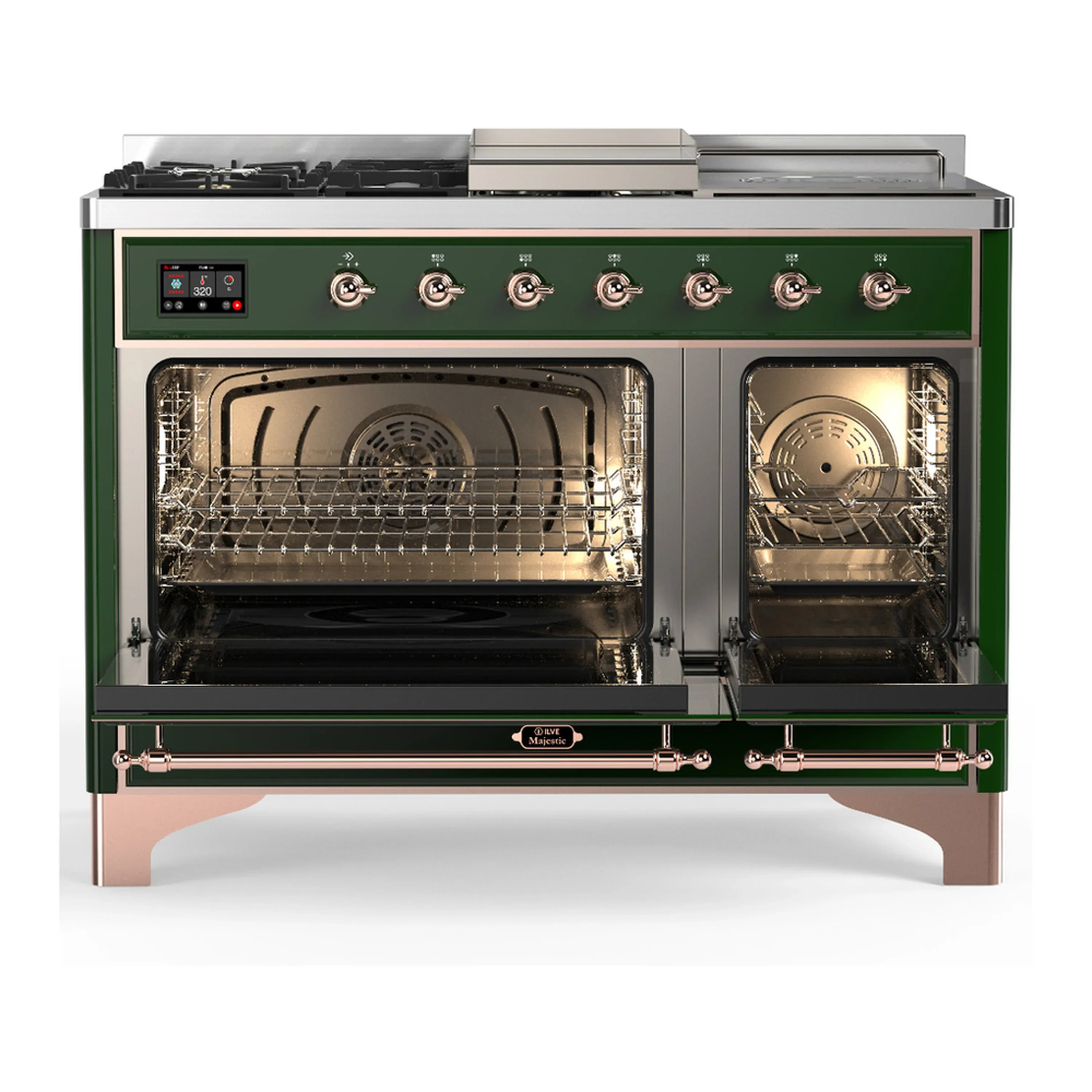 ILVE Majestic III 48-inch Dual Fuel Range with 5 Liquid Propane Burner, Griddle, French Top and Triple Glass Door Electric Oven in Emerald Green with Copper Trim (UM48FSNR3EGPLP) - Image 6
