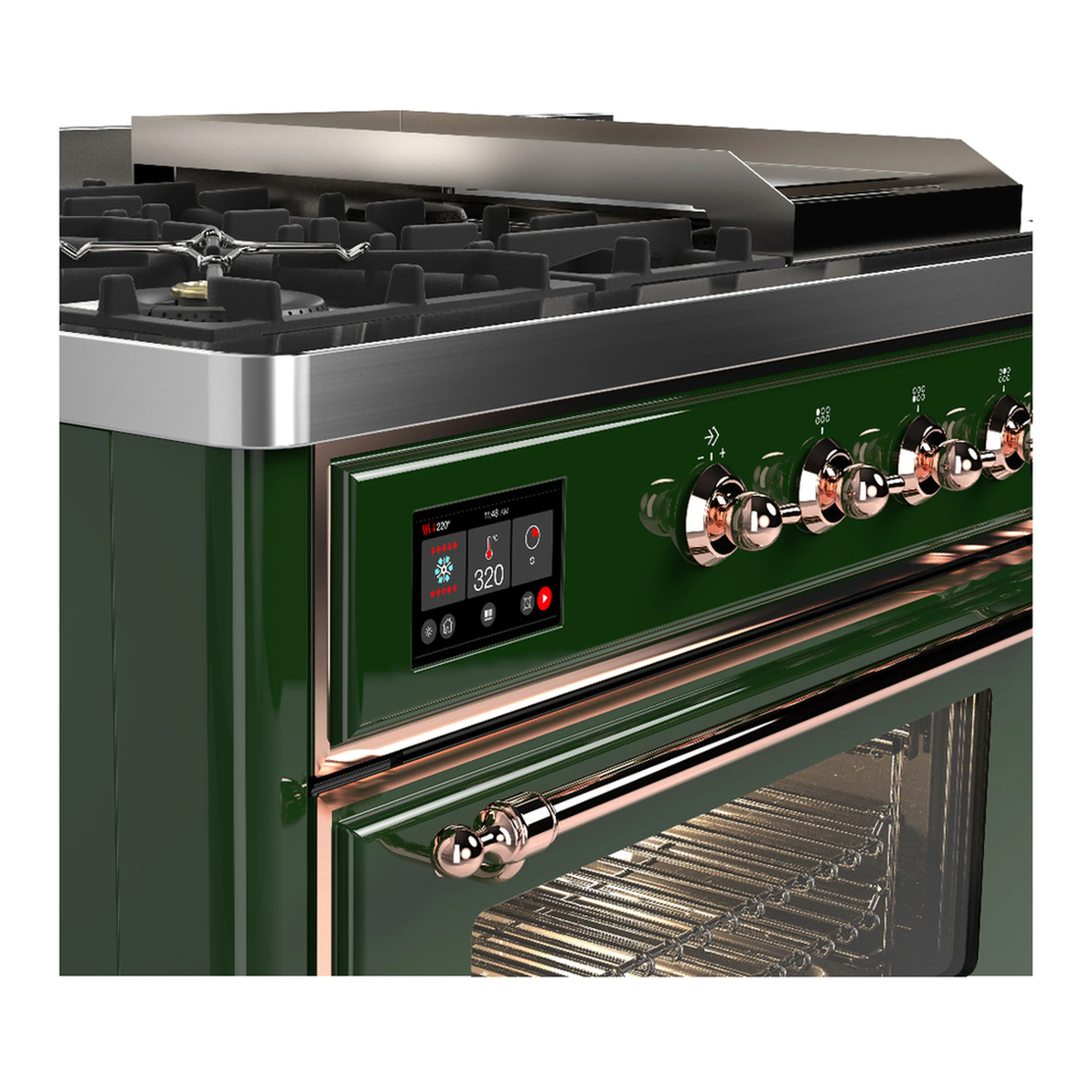 ILVE Majestic III 48-inch Dual Fuel Range with 5 Liquid Propane Burner, Griddle, French Top and Triple Glass Door Electric Oven in Emerald Green with Copper Trim (UM48FSNR3EGPLP) - Image 7
