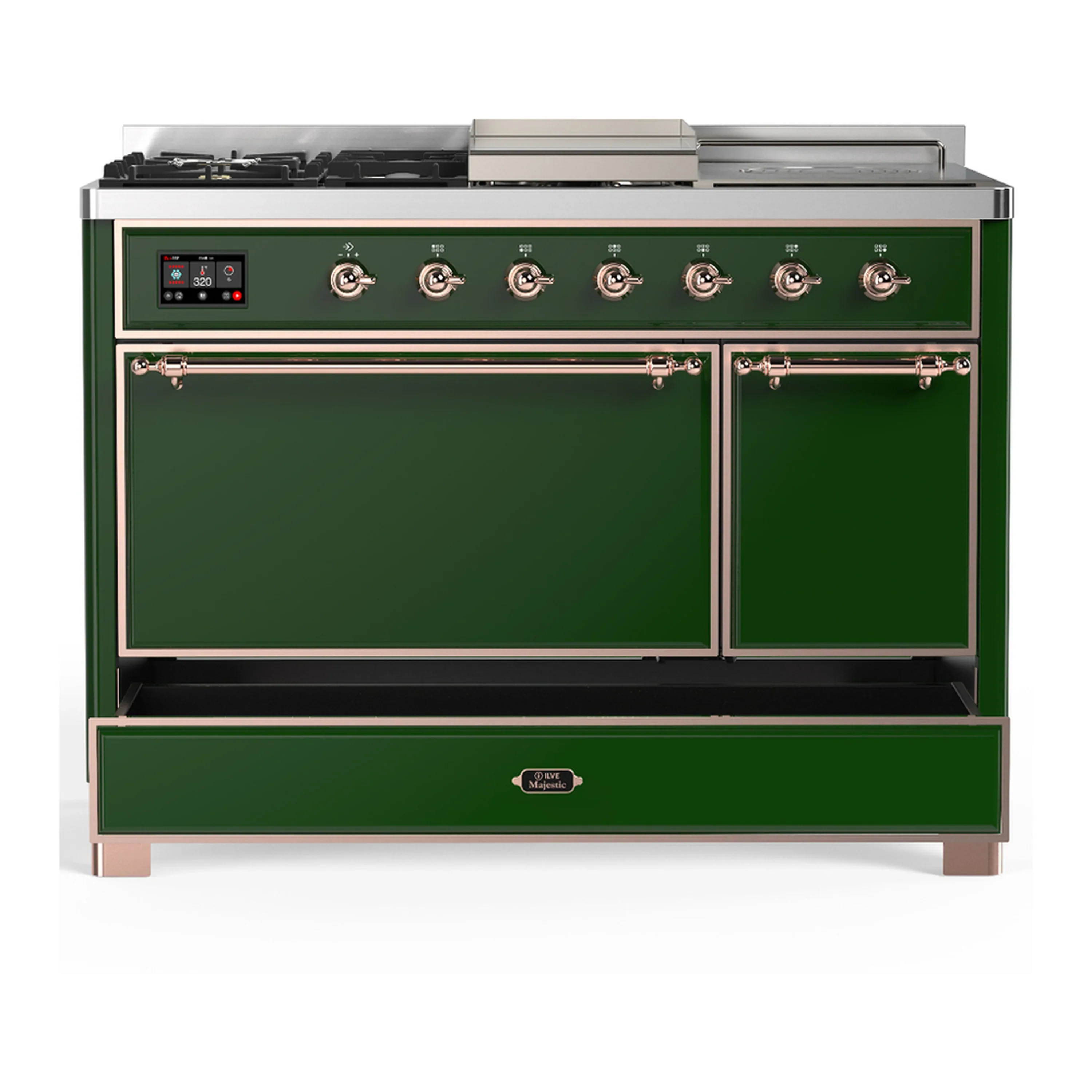 ILVE Majestic III 48-inch Dual Fuel Range with 5 Liquid Propane Burner, Griddle, French Top and Solid Door Electric Oven in Emerald Green with Copper Trim (UM48FSQNR3EGPLP) - Image 3