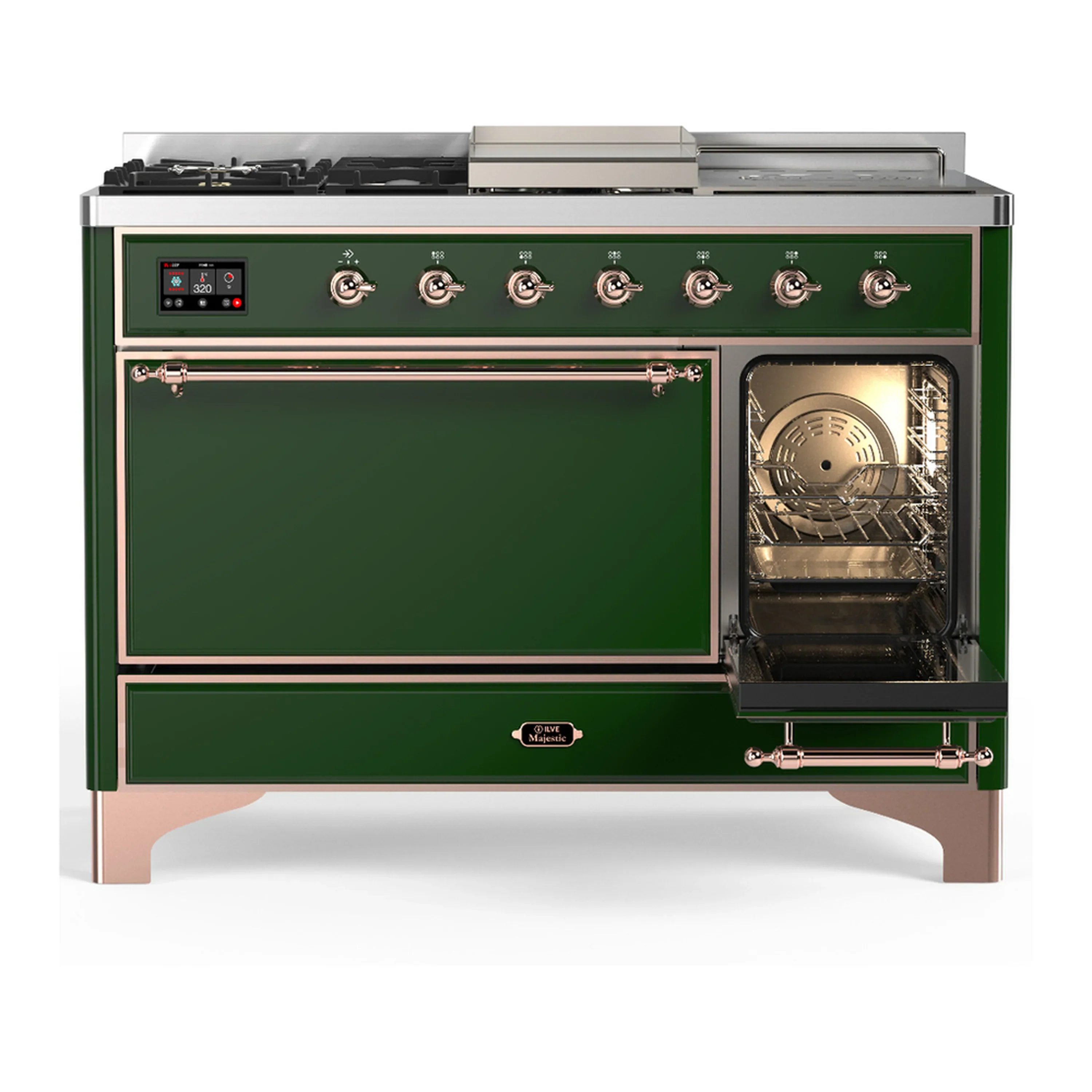 ILVE Majestic III 48-inch Dual Fuel Range with 5 Liquid Propane Burner, Griddle, French Top and Solid Door Electric Oven in Emerald Green with Copper Trim (UM48FSQNR3EGPLP) - Image 4
