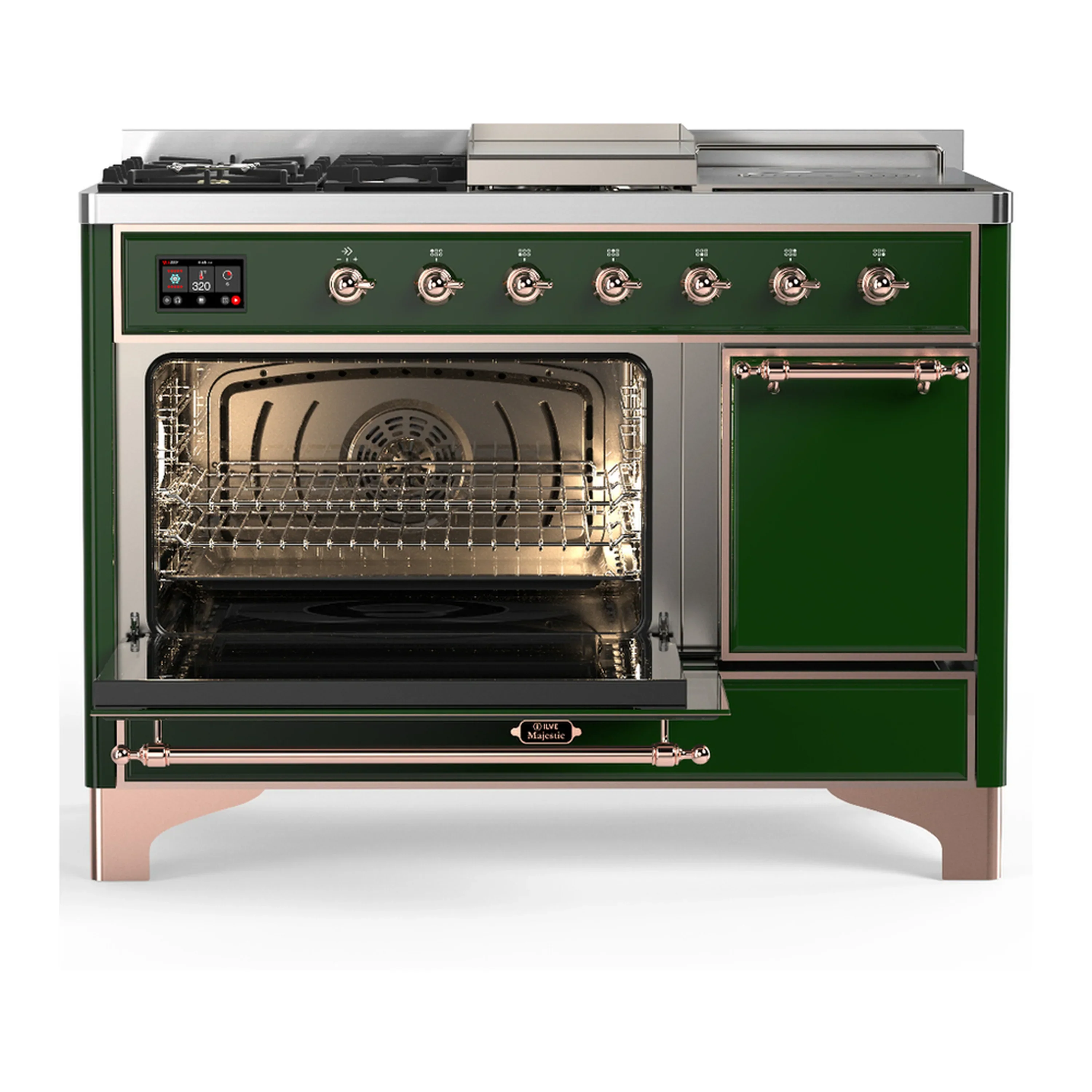 ILVE Majestic III 48-inch Dual Fuel Range with 5 Liquid Propane Burner, Griddle, French Top and Solid Door Electric Oven in Emerald Green with Copper Trim (UM48FSQNR3EGPLP) - Image 5