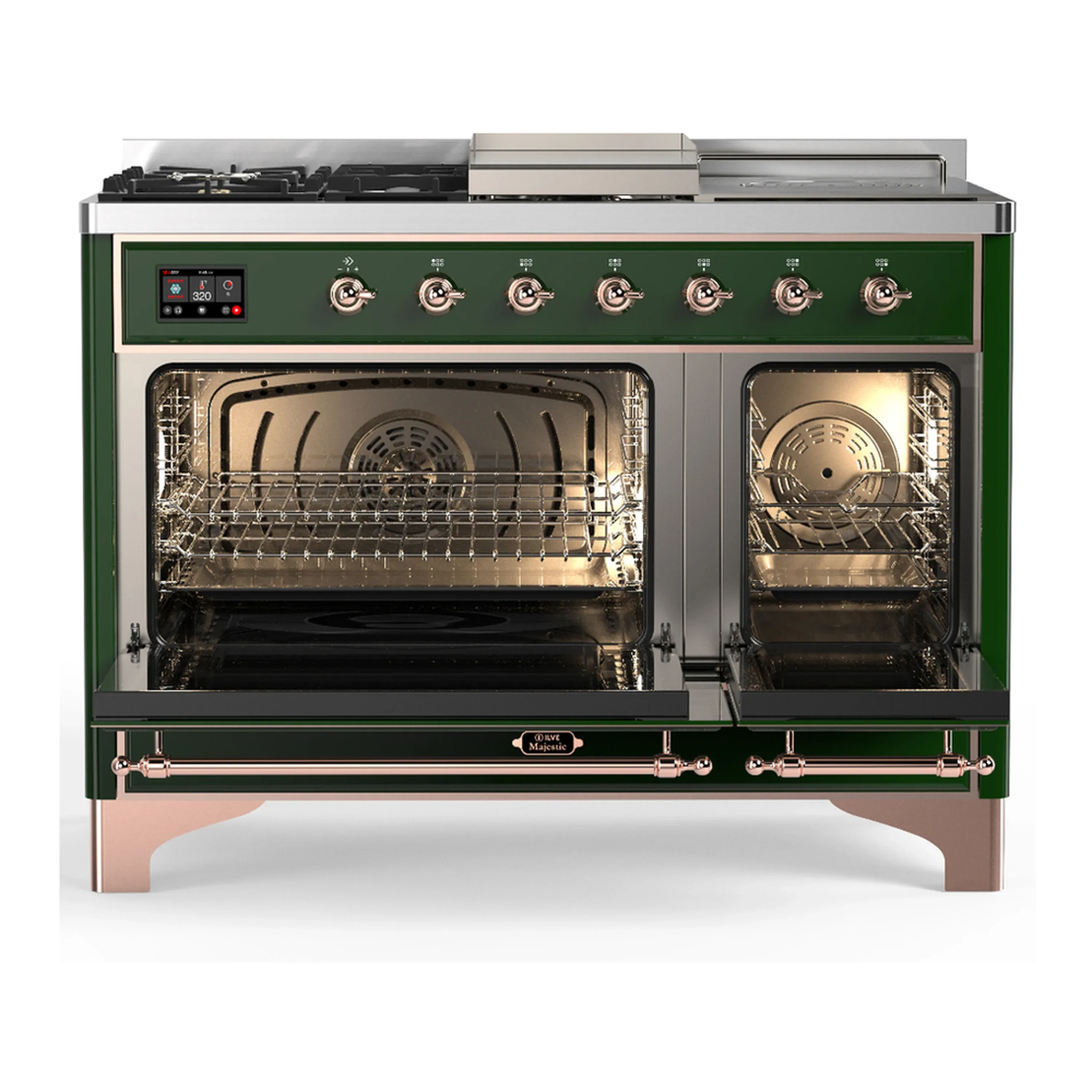 ILVE Majestic III 48-inch Dual Fuel Range with 5 Liquid Propane Burner, Griddle, French Top and Solid Door Electric Oven in Emerald Green with Copper Trim (UM48FSQNR3EGPLP) - Image 6