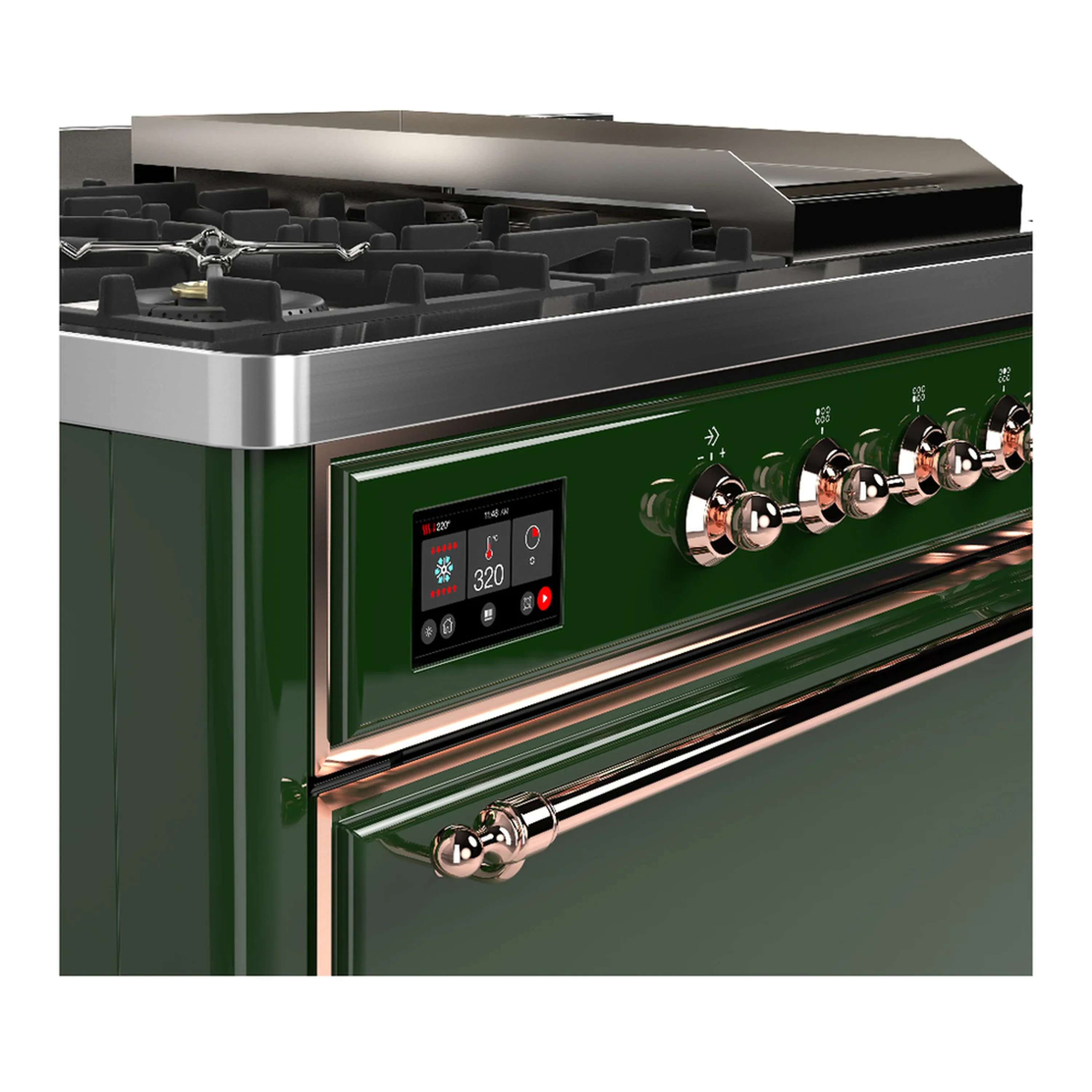 ILVE Majestic III 48-inch Dual Fuel Range with 5 Liquid Propane Burner, Griddle, French Top and Solid Door Electric Oven in Emerald Green with Copper Trim (UM48FSQNR3EGPLP) - Image 7