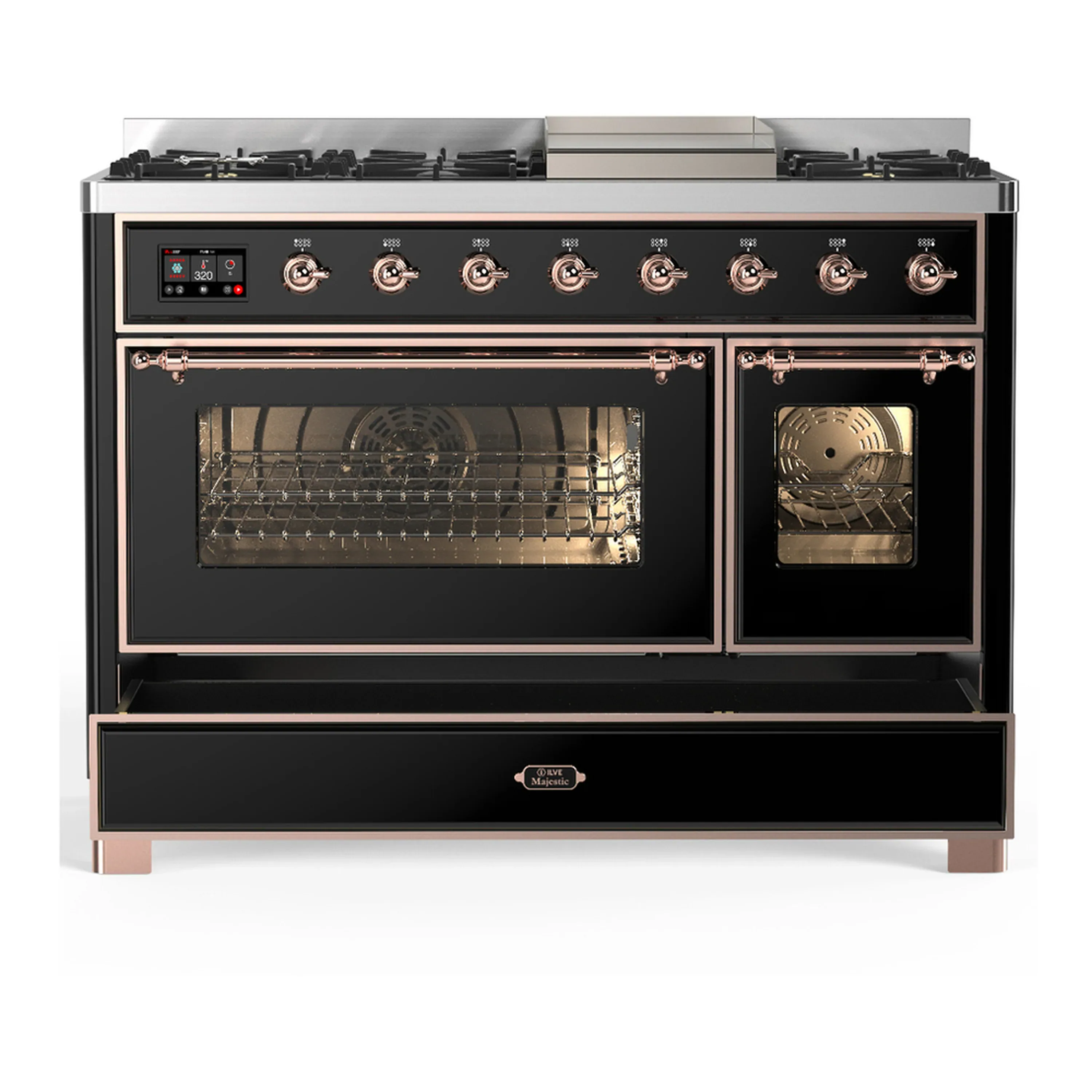ILVE Majestic III 48-inch Dual Fuel Range with 5 Natural Gas Burner, Griddle and Triple Glass Door Electric Oven in Glossy Black with Copper Trim (UM48FNR3BKP) - Image 3