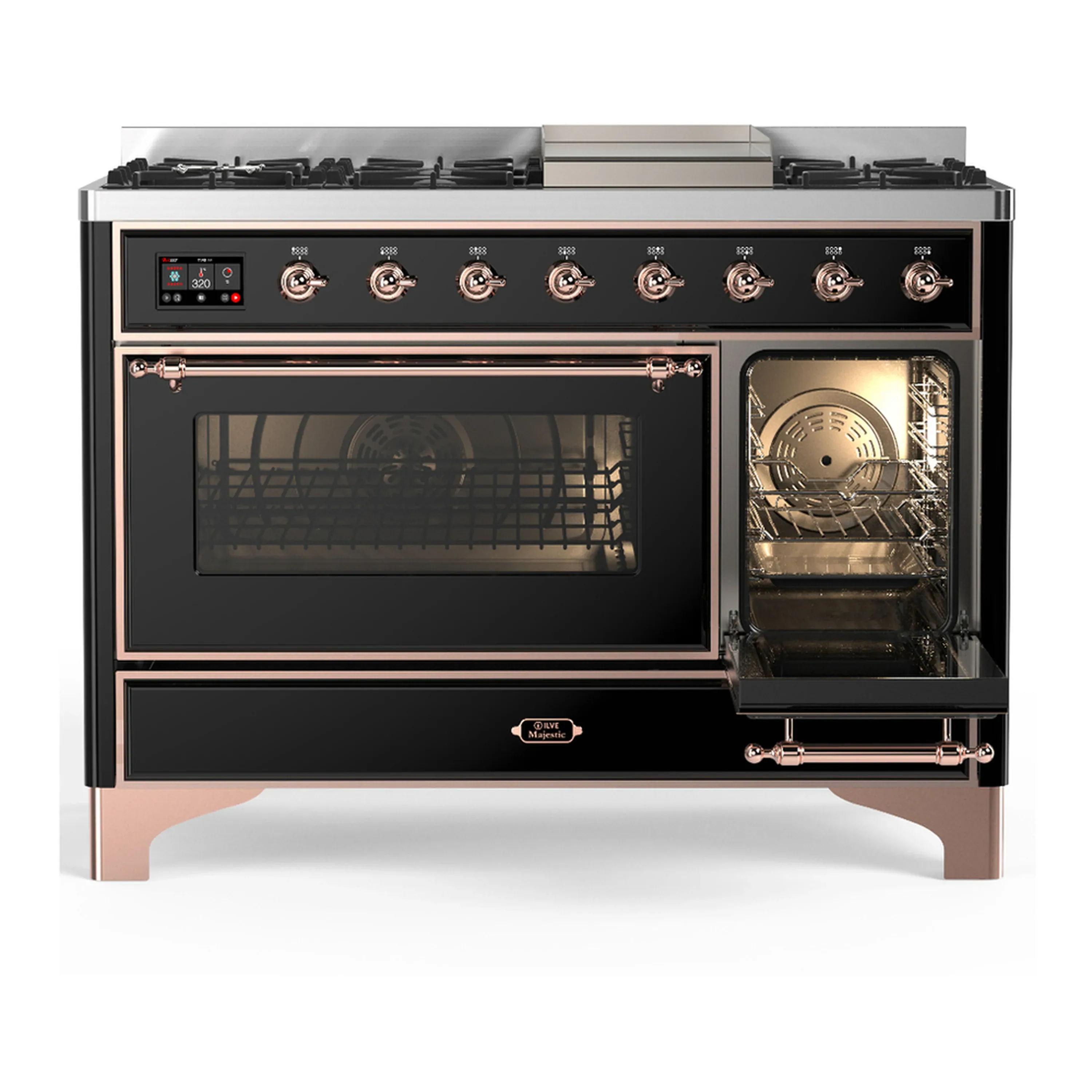ILVE Majestic III 48-inch Dual Fuel Range with 5 Natural Gas Burner, Griddle and Triple Glass Door Electric Oven in Glossy Black with Copper Trim (UM48FNR3BKP) - Image 4