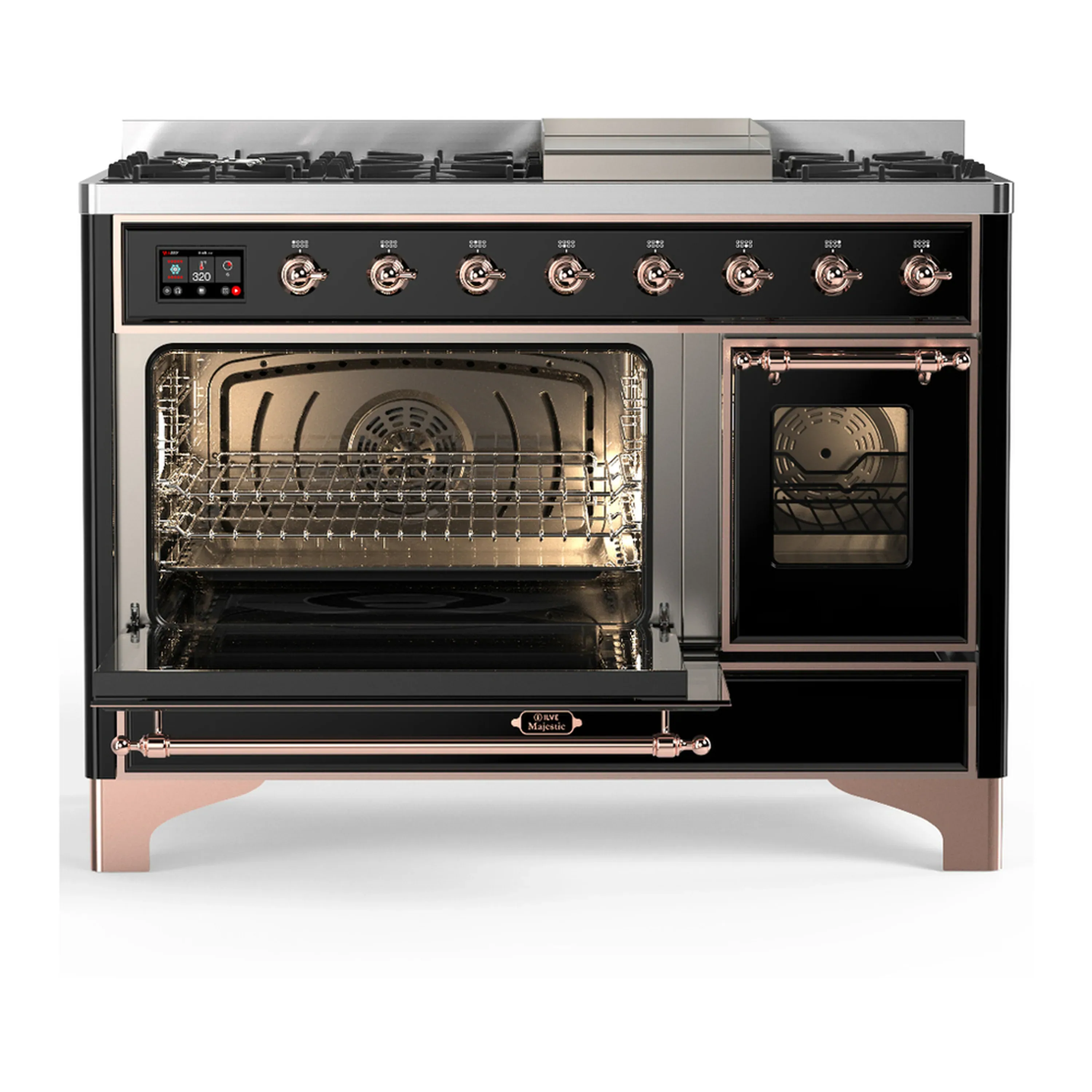 ILVE Majestic III 48-inch Dual Fuel Range with 5 Natural Gas Burner, Griddle and Triple Glass Door Electric Oven in Glossy Black with Copper Trim (UM48FNR3BKP) - Image 5