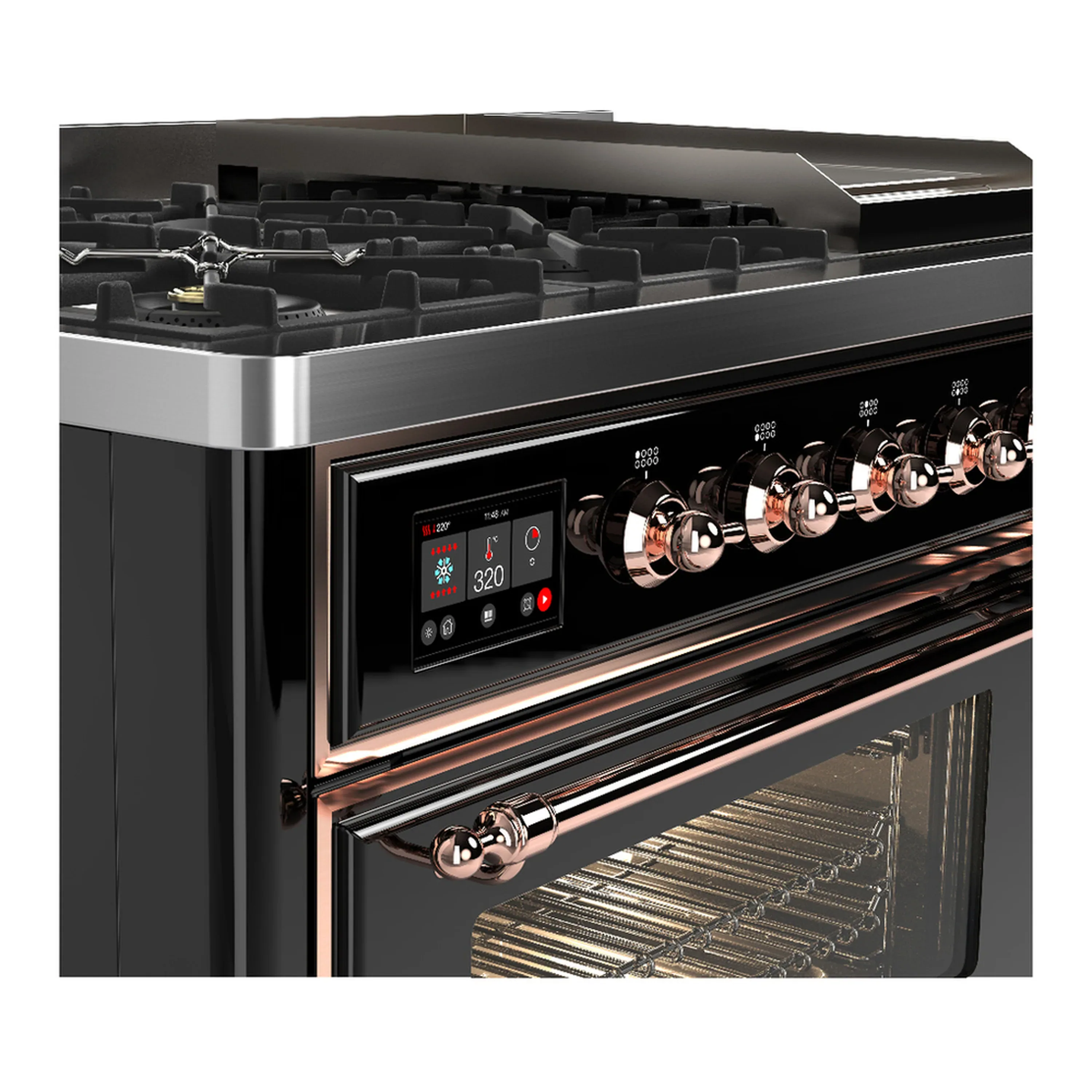 ILVE Majestic III 48-inch Dual Fuel Range with 5 Natural Gas Burner, Griddle and Triple Glass Door Electric Oven in Glossy Black with Copper Trim (UM48FNR3BKP) - Image 7