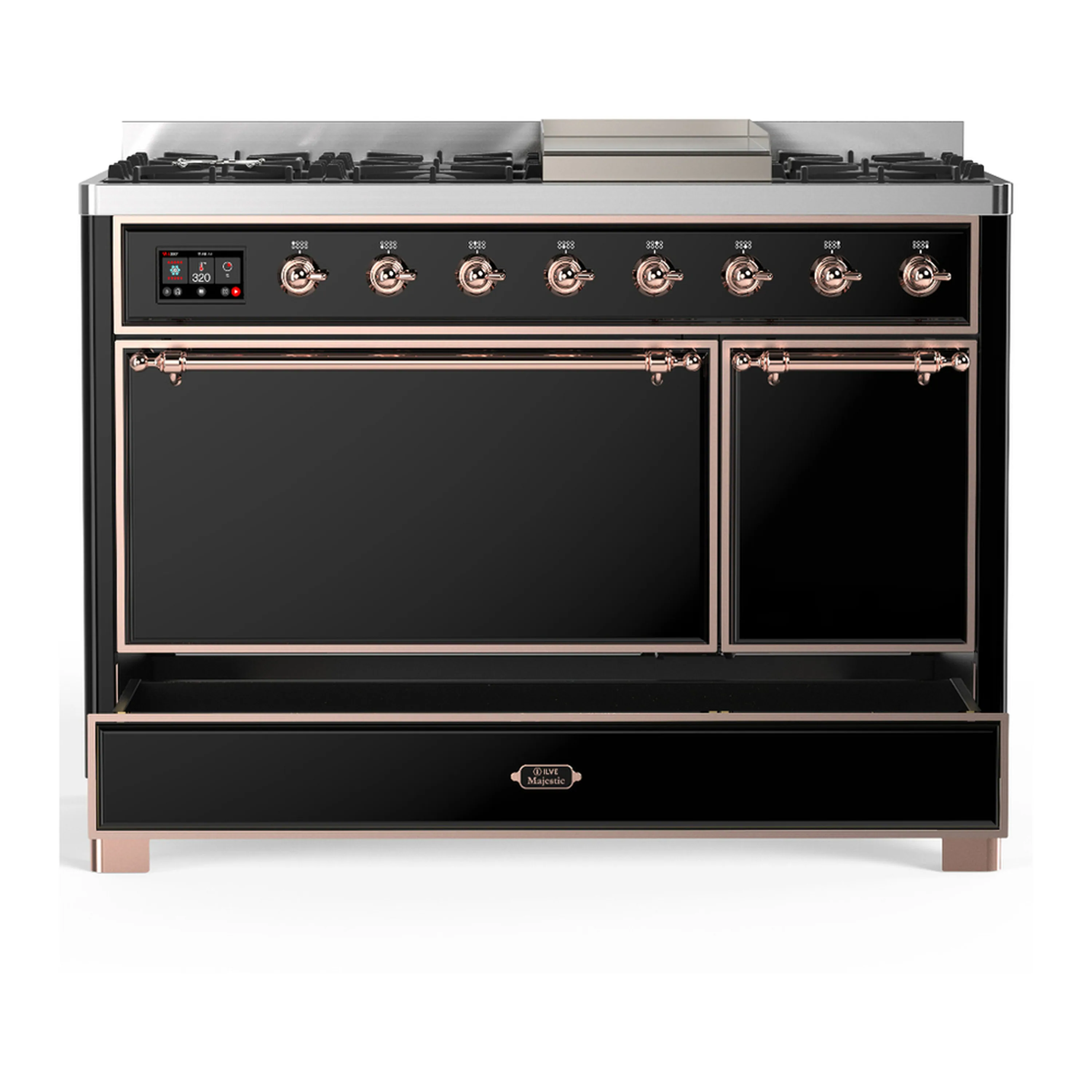 ILVE Majestic III 48-inch Dual Fuel Range with 5 Natural Gas Burner, Griddle and Solid Door Electric Oven in Glossy Black with Copper Trim (UM48FQNR3BKP) - Image 3