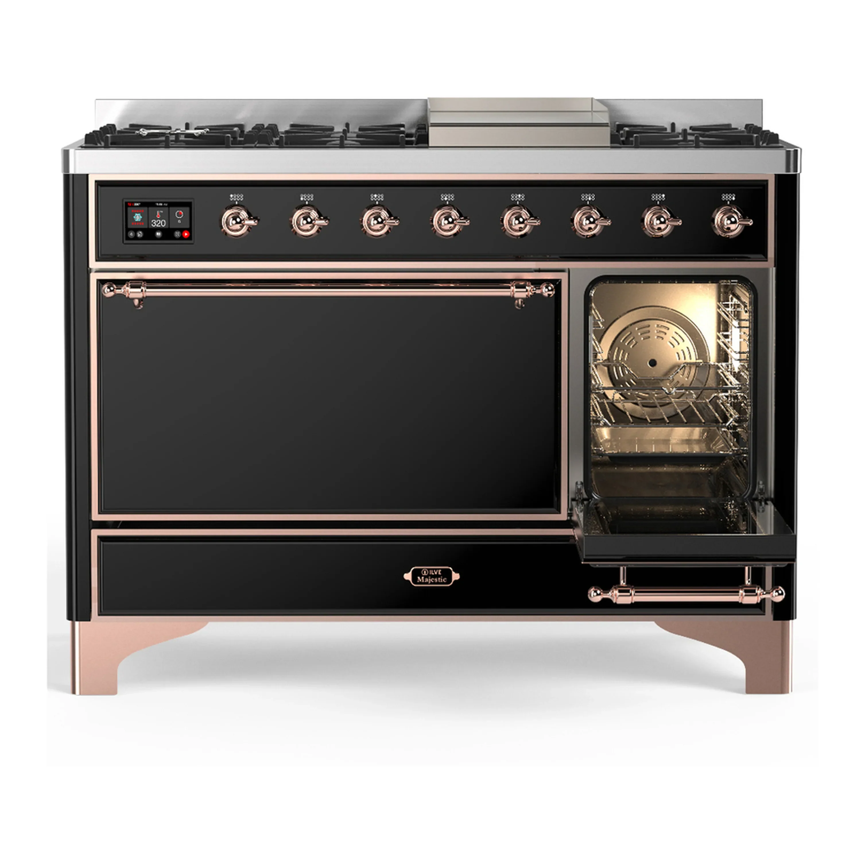 ILVE Majestic III 48-inch Dual Fuel Range with 5 Natural Gas Burner, Griddle and Solid Door Electric Oven in Glossy Black with Copper Trim (UM48FQNR3BKP) - Image 4