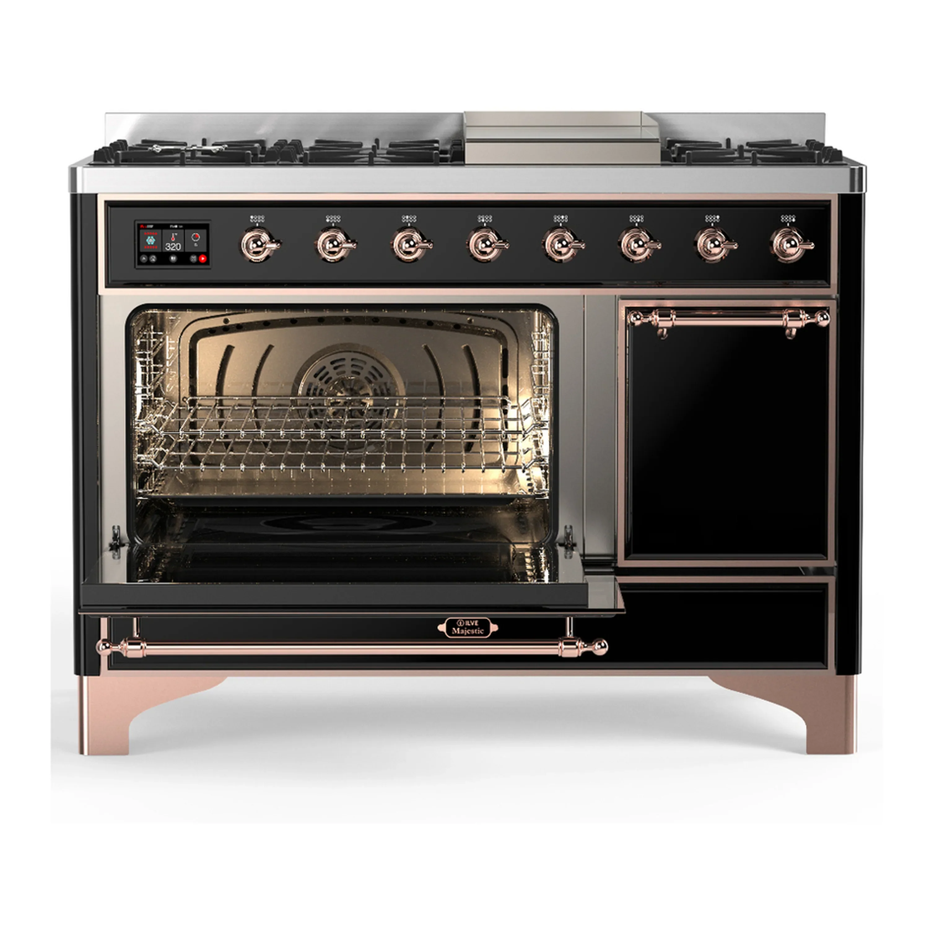 ILVE Majestic III 48-inch Dual Fuel Range with 5 Liquid Propane Burner, Griddle and Solid Door Electric Oven in Glossy Black with Copper Trim (UM48FQNR3BKPLP) - Image 5