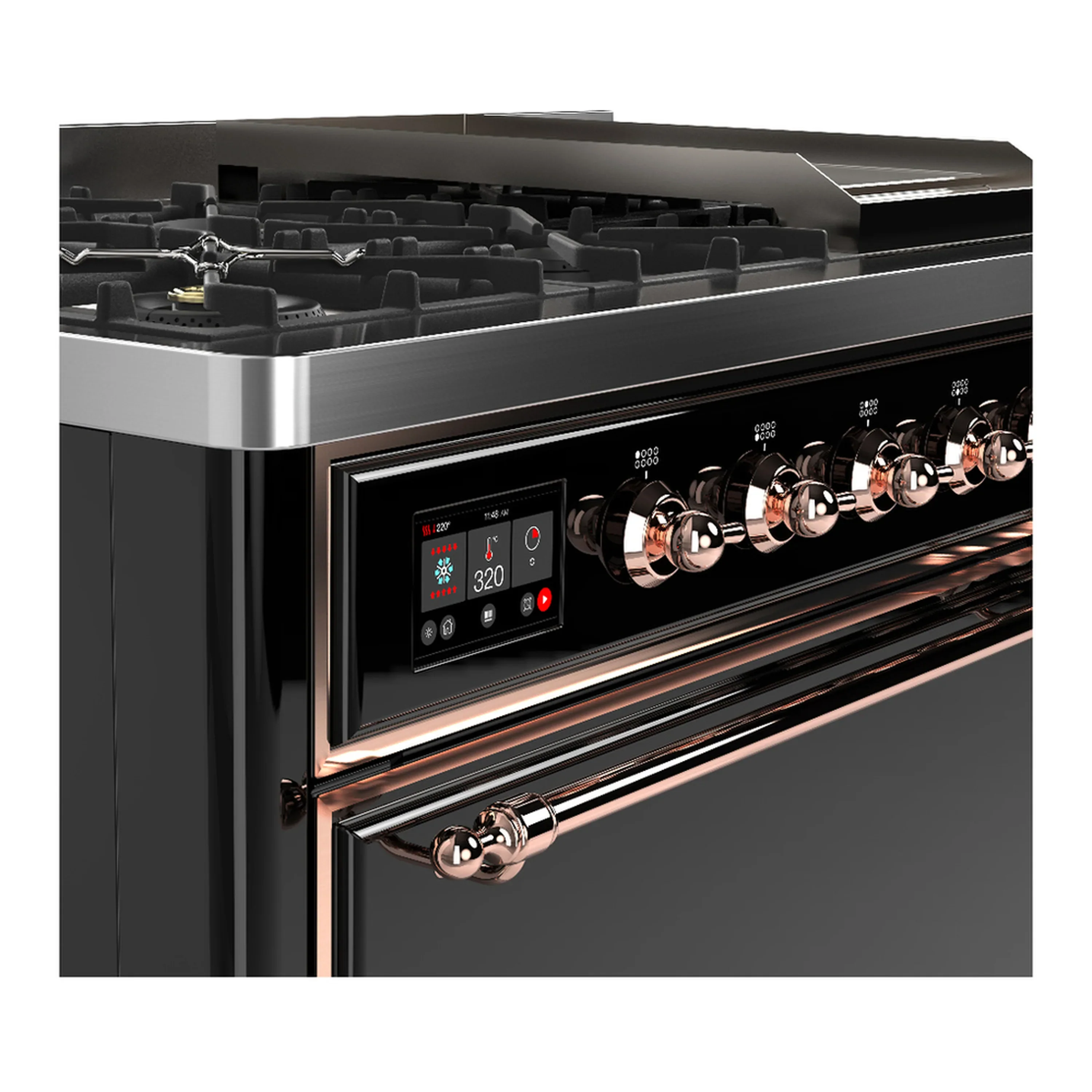 ILVE Majestic III 48-inch Dual Fuel Range with 5 Liquid Propane Burner, Griddle and Solid Door Electric Oven in Glossy Black with Copper Trim (UM48FQNR3BKPLP) - Image 7