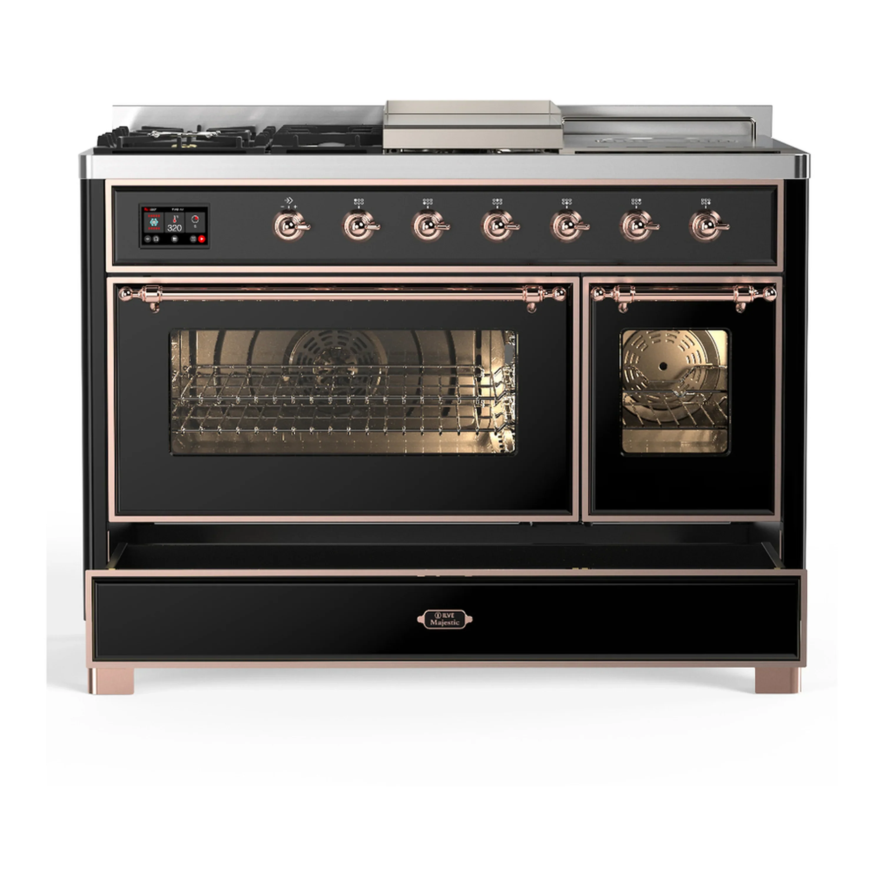 ILVE Majestic III 48-inch Dual Fuel Range with 5 Natural Gas Burner, Griddle, French Top and Triple Glass Door Electric Oven in Glossy Black with Copper Trim (UM48FSNR3BKP) - Image 3