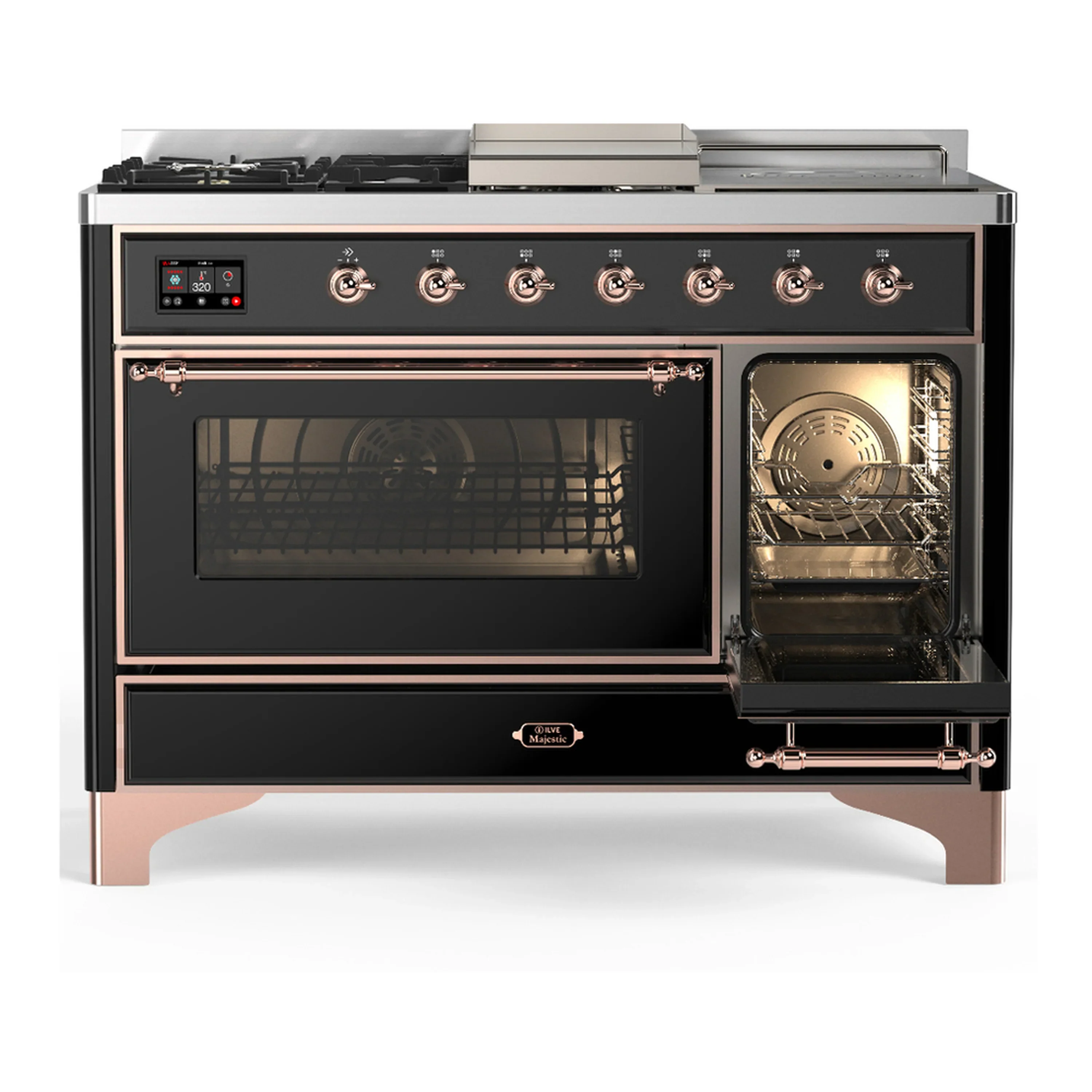 ILVE Majestic III 48-inch Dual Fuel Range with 5 Natural Gas Burner, Griddle, French Top and Triple Glass Door Electric Oven in Glossy Black with Copper Trim (UM48FSNR3BKP) - Image 4