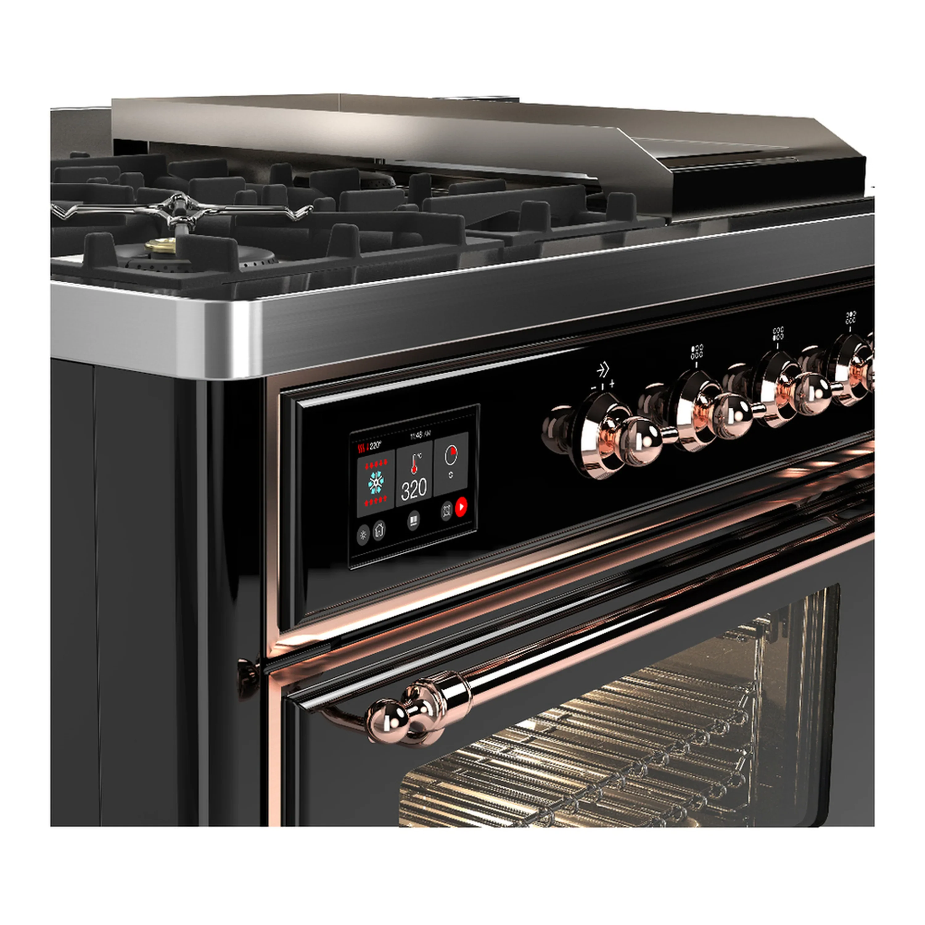 ILVE Majestic III 48-inch Dual Fuel Range with 5 Natural Gas Burner, Griddle, French Top and Triple Glass Door Electric Oven in Glossy Black with Copper Trim (UM48FSNR3BKP) - Image 7