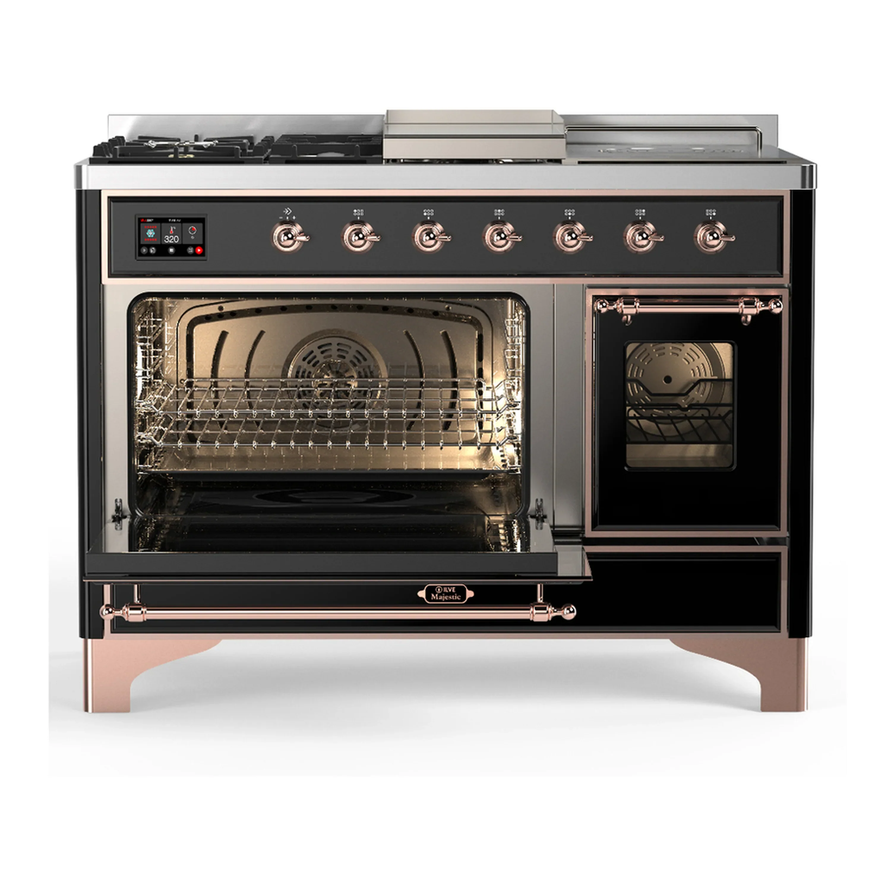 ILVE Majestic III 48-inch Dual Fuel Range with 5 Liquid Propane Burner, Griddle, French Top and Triple Glass Door Electric Oven in Glossy Black with Copper Trim (UM48FSNR3BKPLP) - Image 5