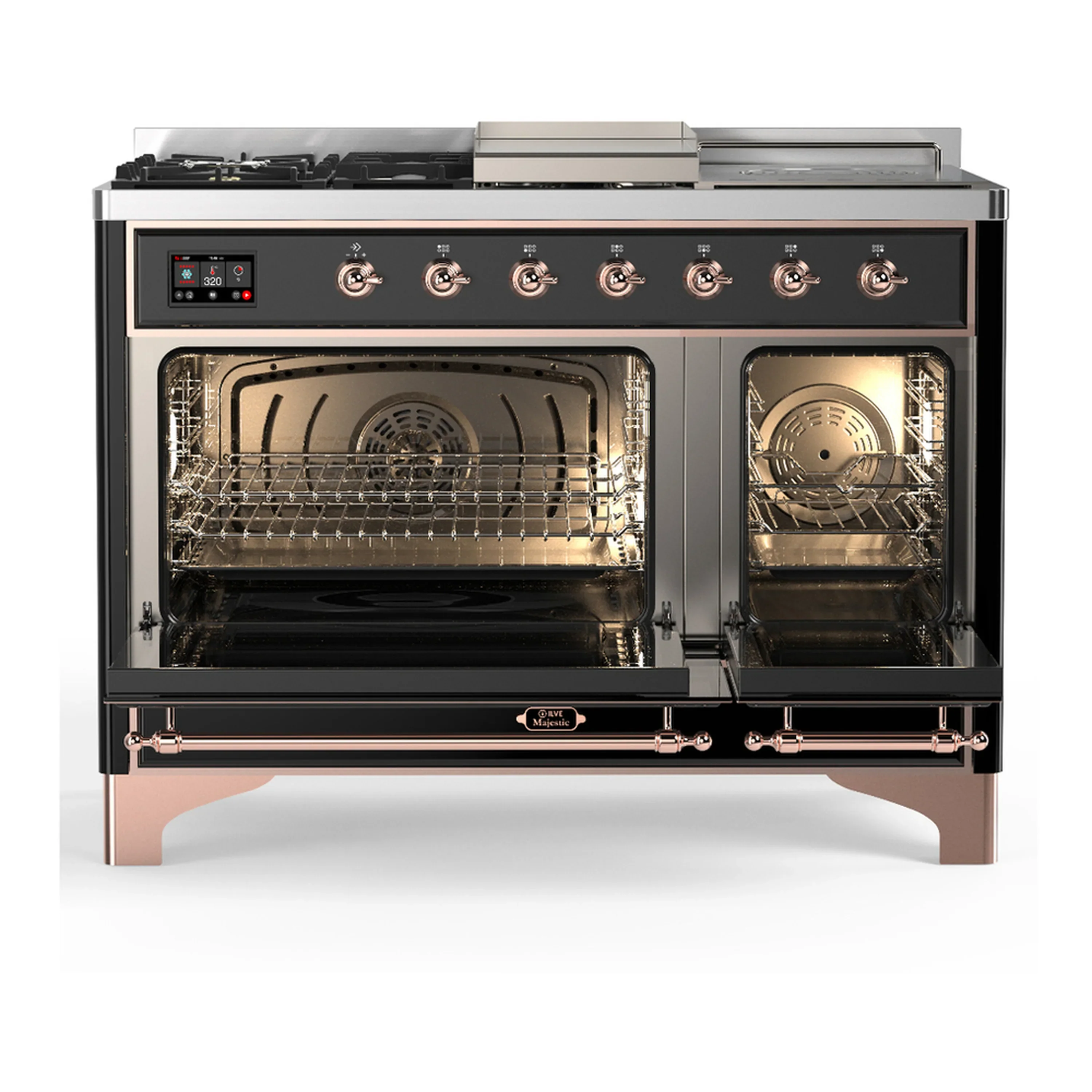 ILVE Majestic III 48-inch Dual Fuel Range with 5 Liquid Propane Burner, Griddle, French Top and Triple Glass Door Electric Oven in Glossy Black with Copper Trim (UM48FSNR3BKPLP) - Image 6