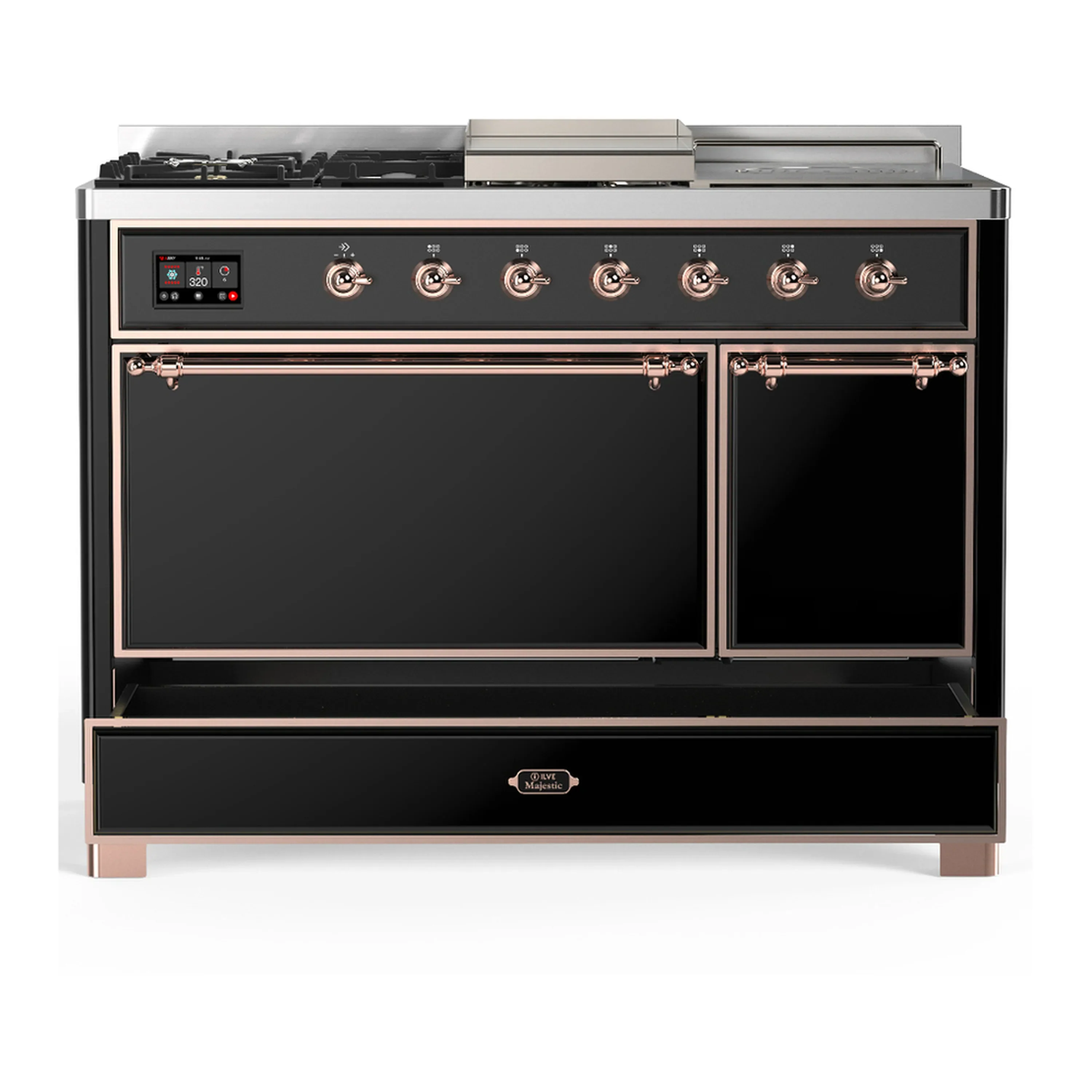 ILVE Majestic III 48-inch Dual Fuel Range with 5 Natural Gas Burner, Griddle, French Top and Solid Door Electric Oven in Glossy Black with Copper Trim (UM48FSQNR3BKP) - Image 3