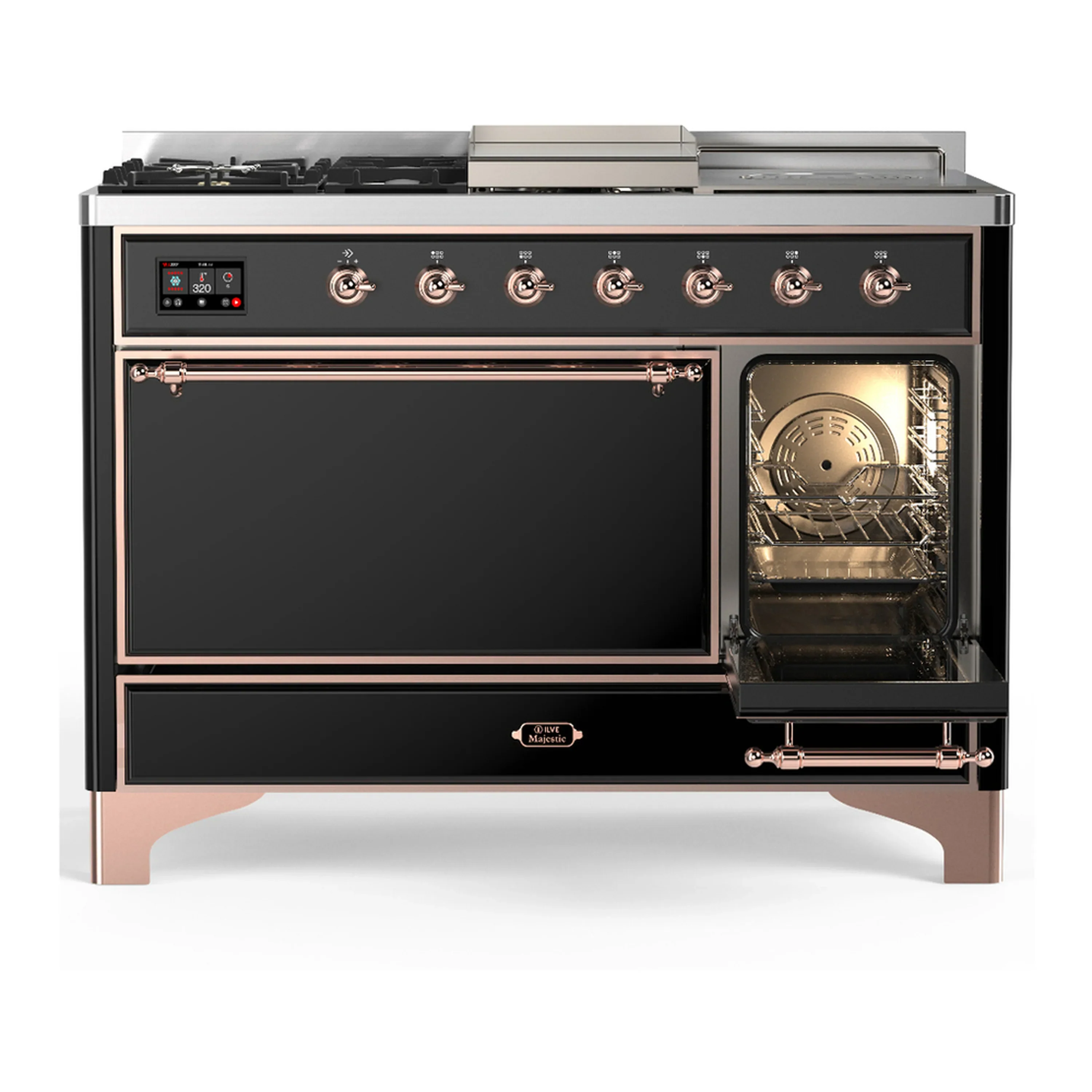 ILVE Majestic III 48-inch Dual Fuel Range with 5 Natural Gas Burner, Griddle, French Top and Solid Door Electric Oven in Glossy Black with Copper Trim (UM48FSQNR3BKP) - Image 4