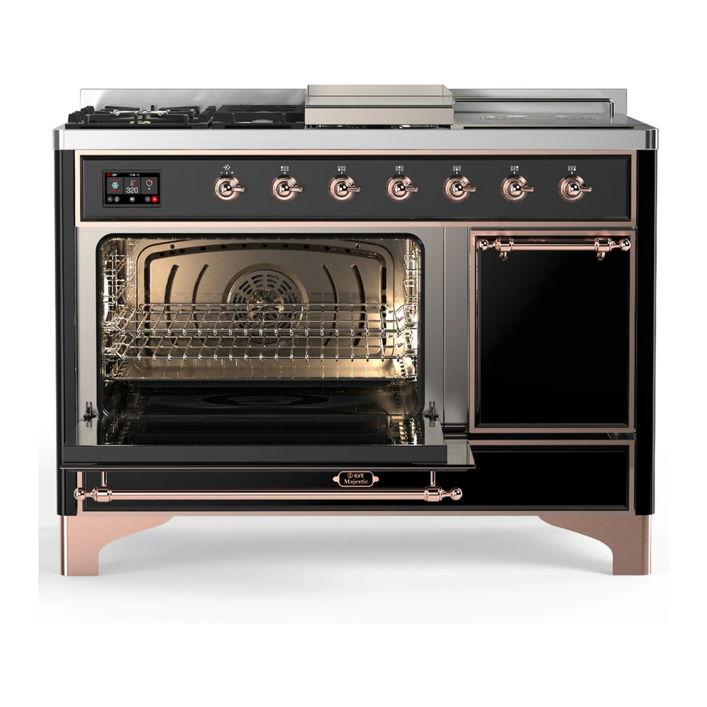 ILVE Majestic III 48-inch Dual Fuel Range with 5 Natural Gas Burner, Griddle, French Top and Solid Door Electric Oven in Glossy Black with Copper Trim (UM48FSQNR3BKP) - Image 5