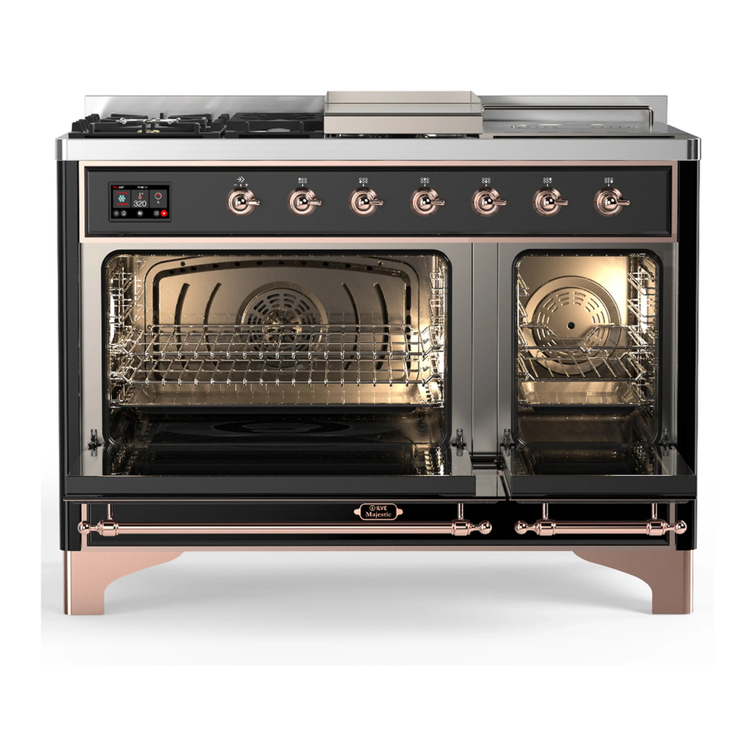 ILVE Majestic III 48-inch Dual Fuel Range with 5 Natural Gas Burner, Griddle, French Top and Solid Door Electric Oven in Glossy Black with Copper Trim (UM48FSQNR3BKP) - Image 6