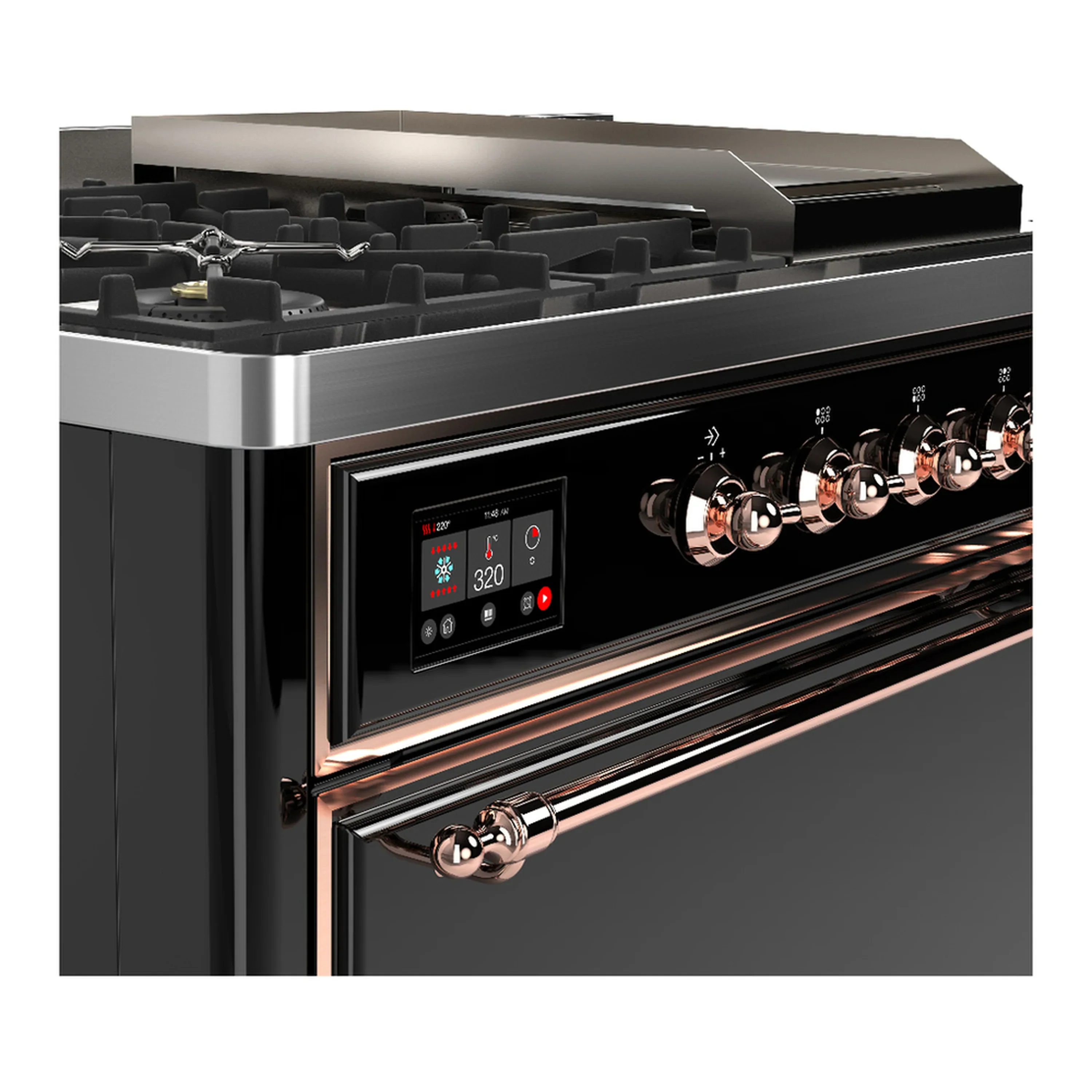 ILVE Majestic III 48-inch Dual Fuel Range with 5 Natural Gas Burner, Griddle, French Top and Solid Door Electric Oven in Glossy Black with Copper Trim (UM48FSQNR3BKP) - Image 7