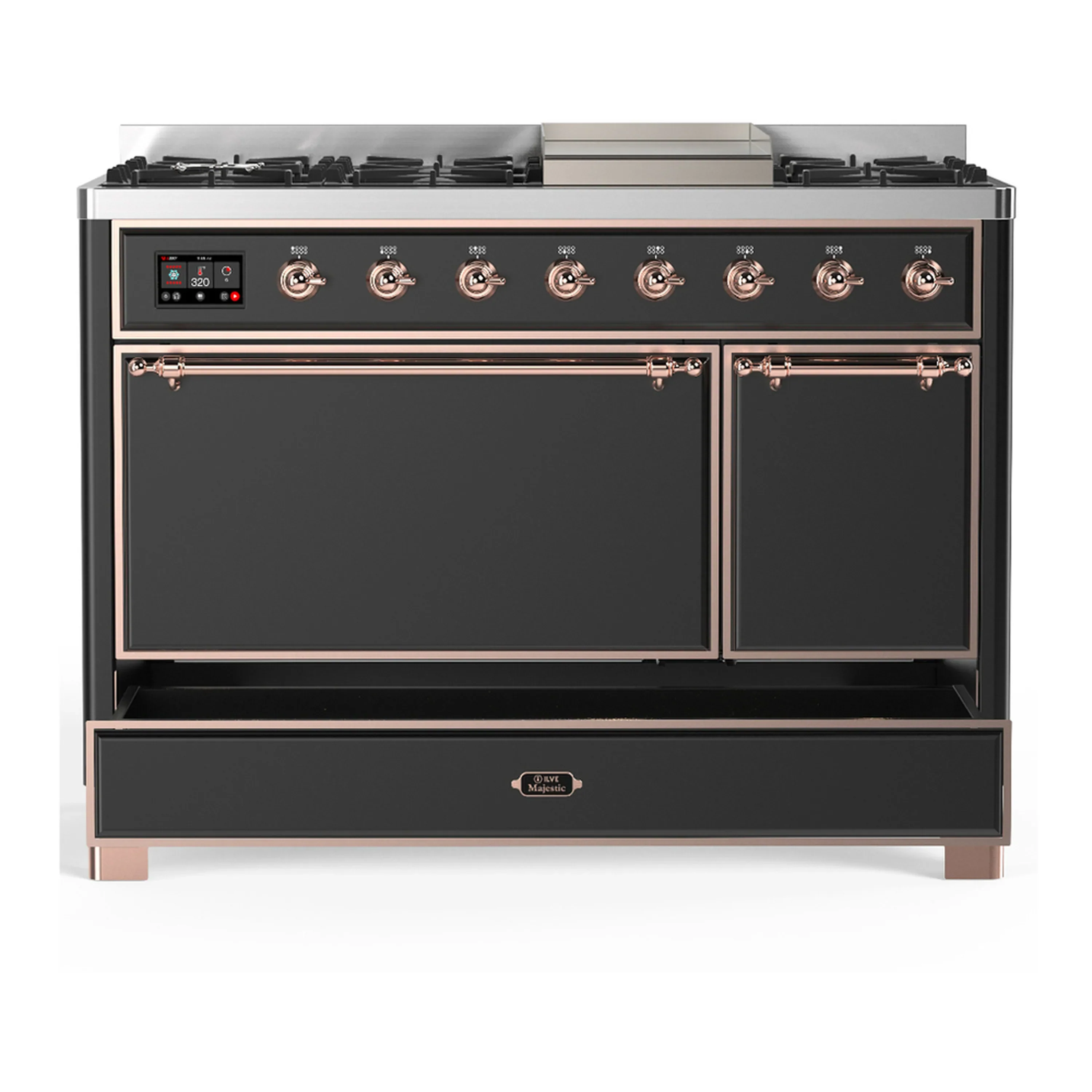 ILVE Majestic III 48-inch Dual Fuel Range with 5 Liquid Propane Burner, Griddle and Solid Door Electric Oven in Graphite Matte with Copper Trim (UM48FQNR3MGPLP) - Image 3
