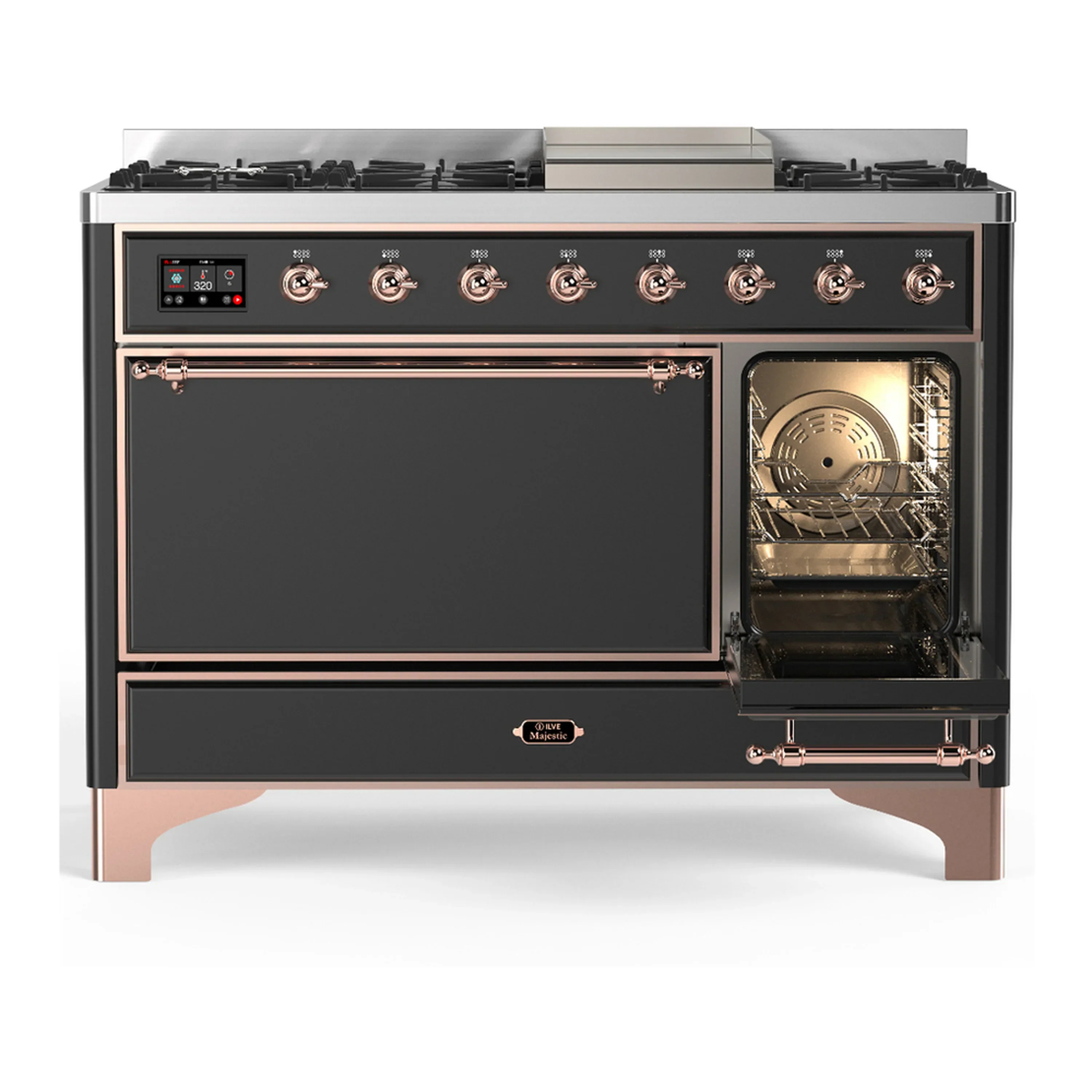 ILVE Majestic III 48-inch Dual Fuel Range with 5 Liquid Propane Burner, Griddle and Solid Door Electric Oven in Graphite Matte with Copper Trim (UM48FQNR3MGPLP) - Image 4