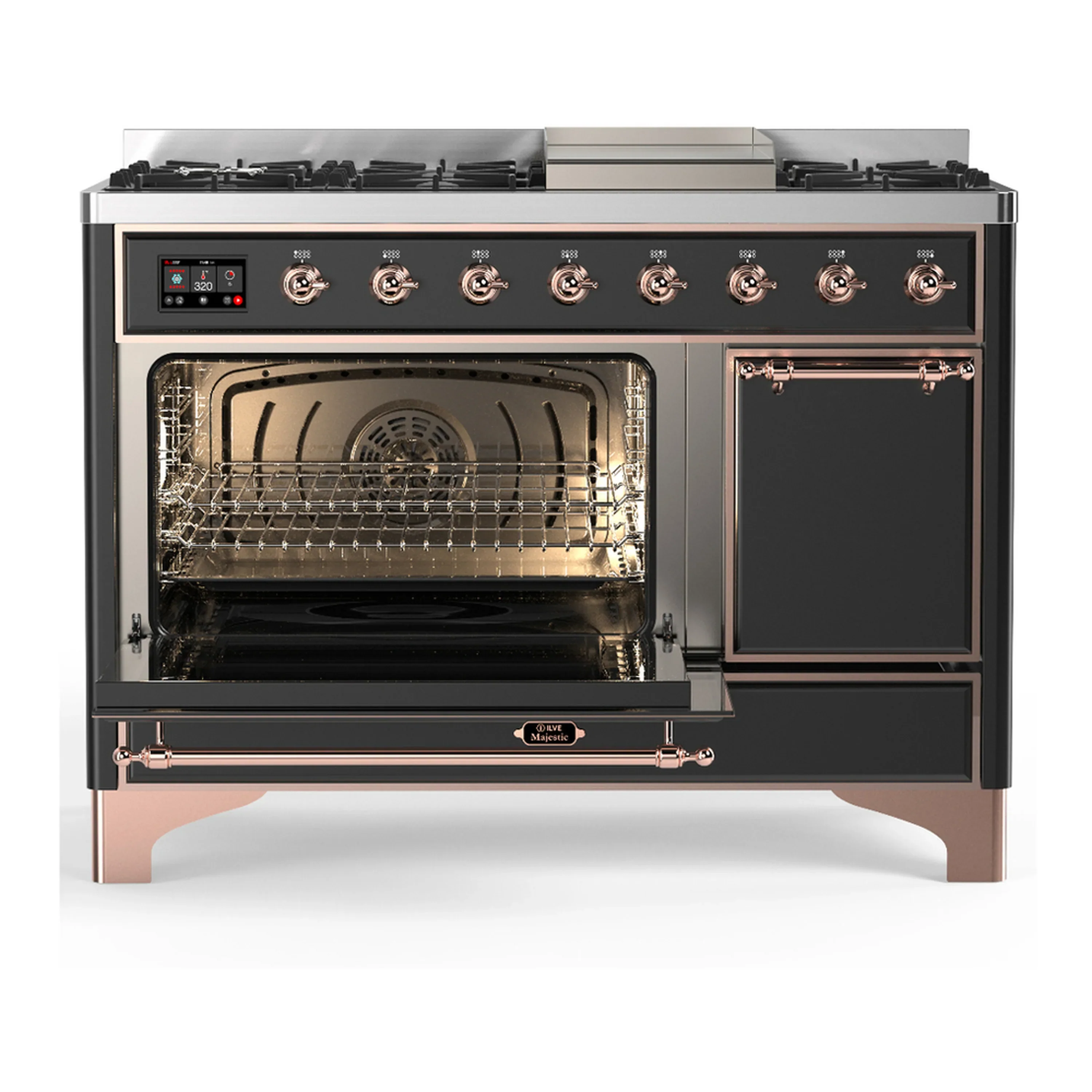 ILVE Majestic III 48-inch Dual Fuel Range with 5 Liquid Propane Burner, Griddle and Solid Door Electric Oven in Graphite Matte with Copper Trim (UM48FQNR3MGPLP) - Image 5