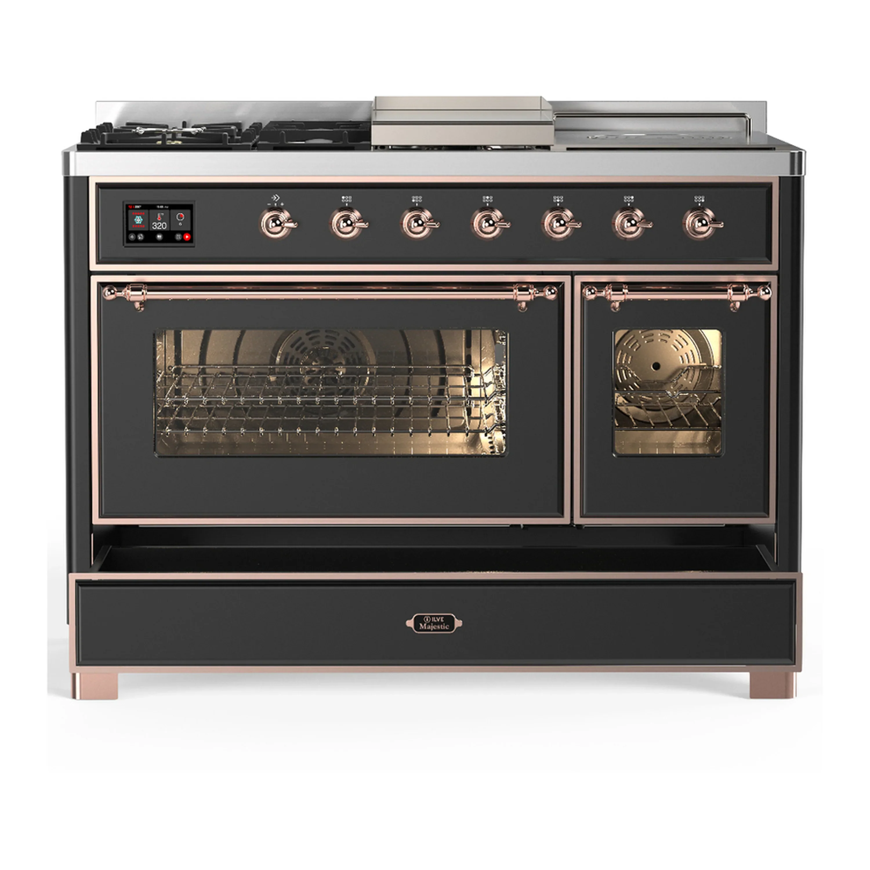 ILVE Majestic III 48-inch Dual Fuel Range with 5 Natural Gas Burner, Griddle, French Top and Triple Glass Door Electric Oven in Graphite Matte with Copper Trim (UM48FSNR3MGP) - Image 3