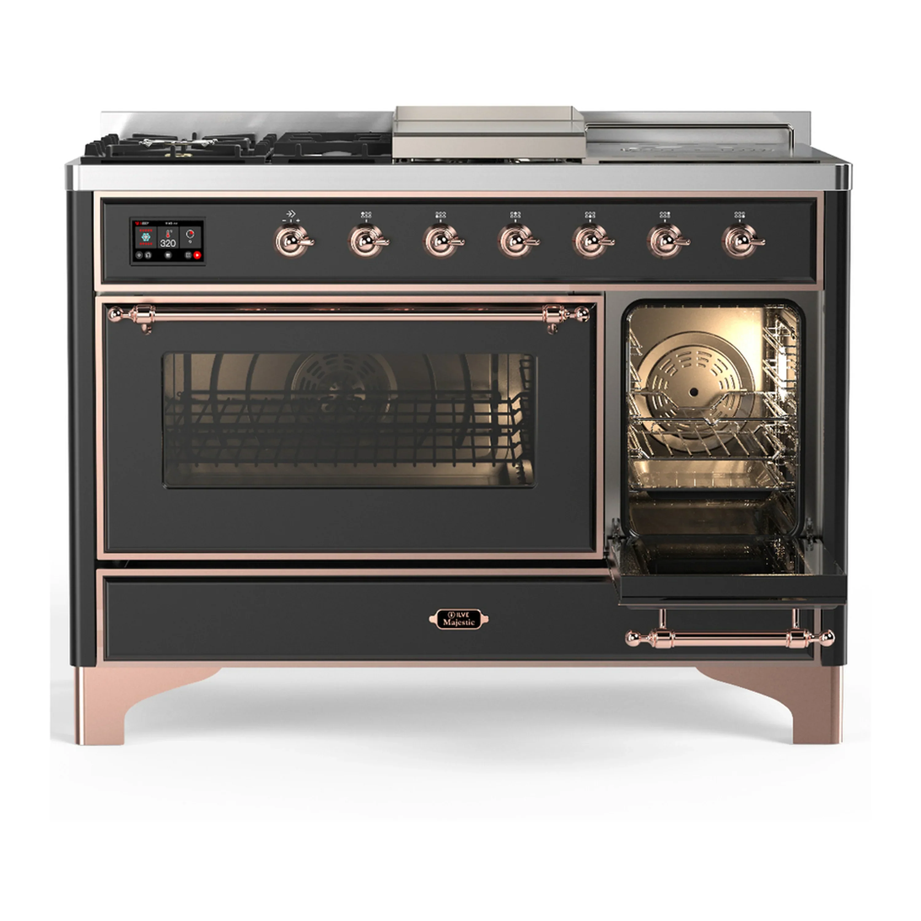 ILVE Majestic III 48-inch Dual Fuel Range with 5 Natural Gas Burner, Griddle, French Top and Triple Glass Door Electric Oven in Graphite Matte with Copper Trim (UM48FSNR3MGP) - Image 4