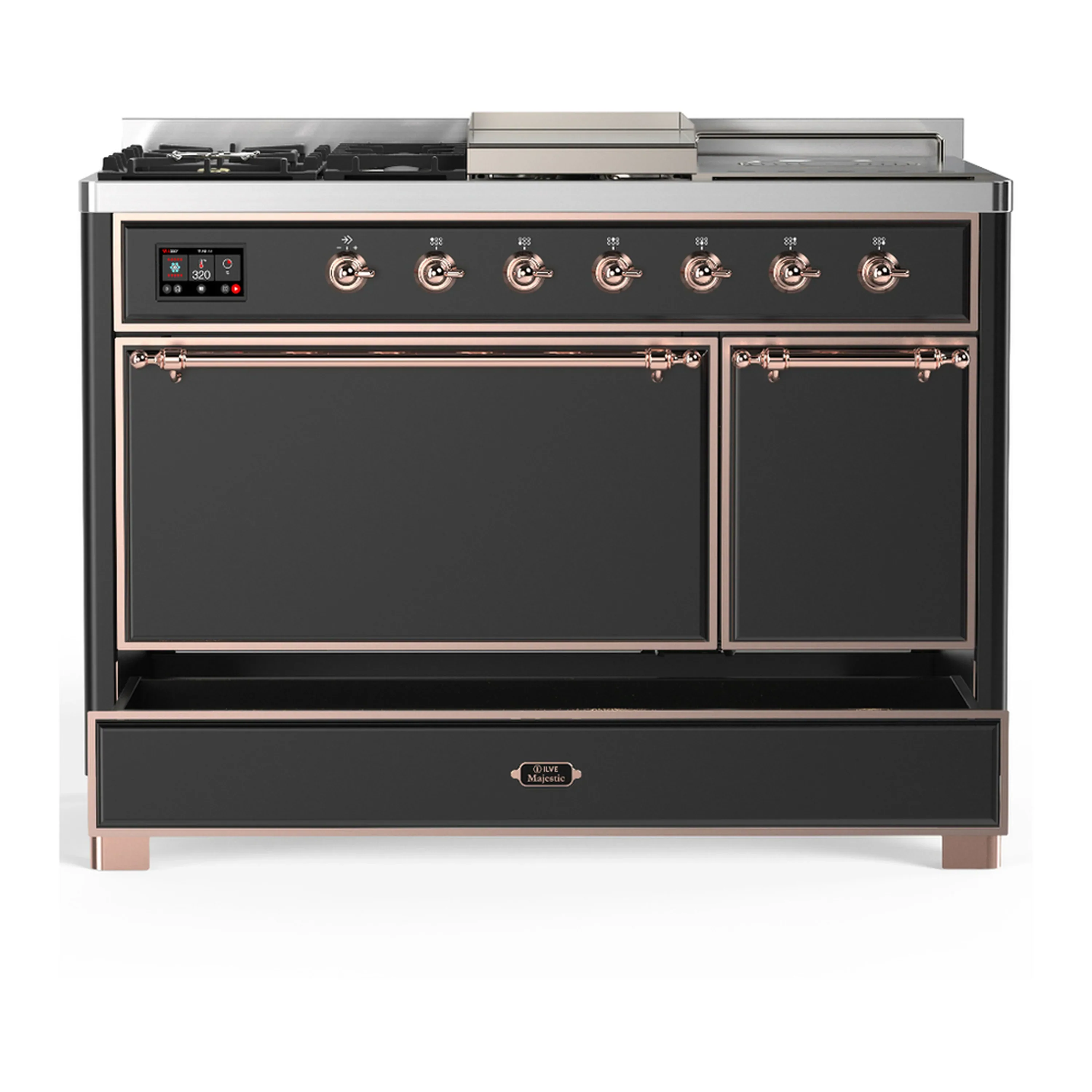 ILVE Majestic III 48-inch Dual Fuel Range with 5 Liquid Propane Burner, Griddle, French Top and Solid Door Electric Oven in Graphite Matte with Copper Trim (UM48FSQNR3MGPLP) - Image 3