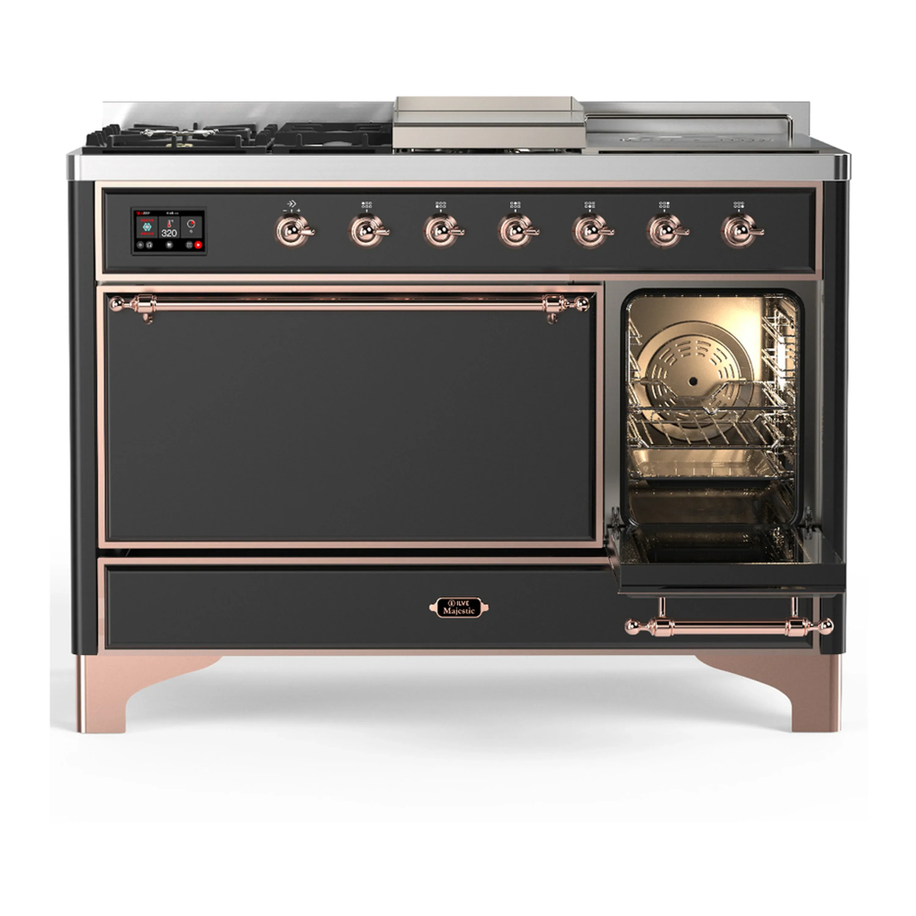 ILVE Majestic III 48-inch Dual Fuel Range with 5 Liquid Propane Burner, Griddle, French Top and Solid Door Electric Oven in Graphite Matte with Copper Trim (UM48FSQNR3MGPLP) - Image 4