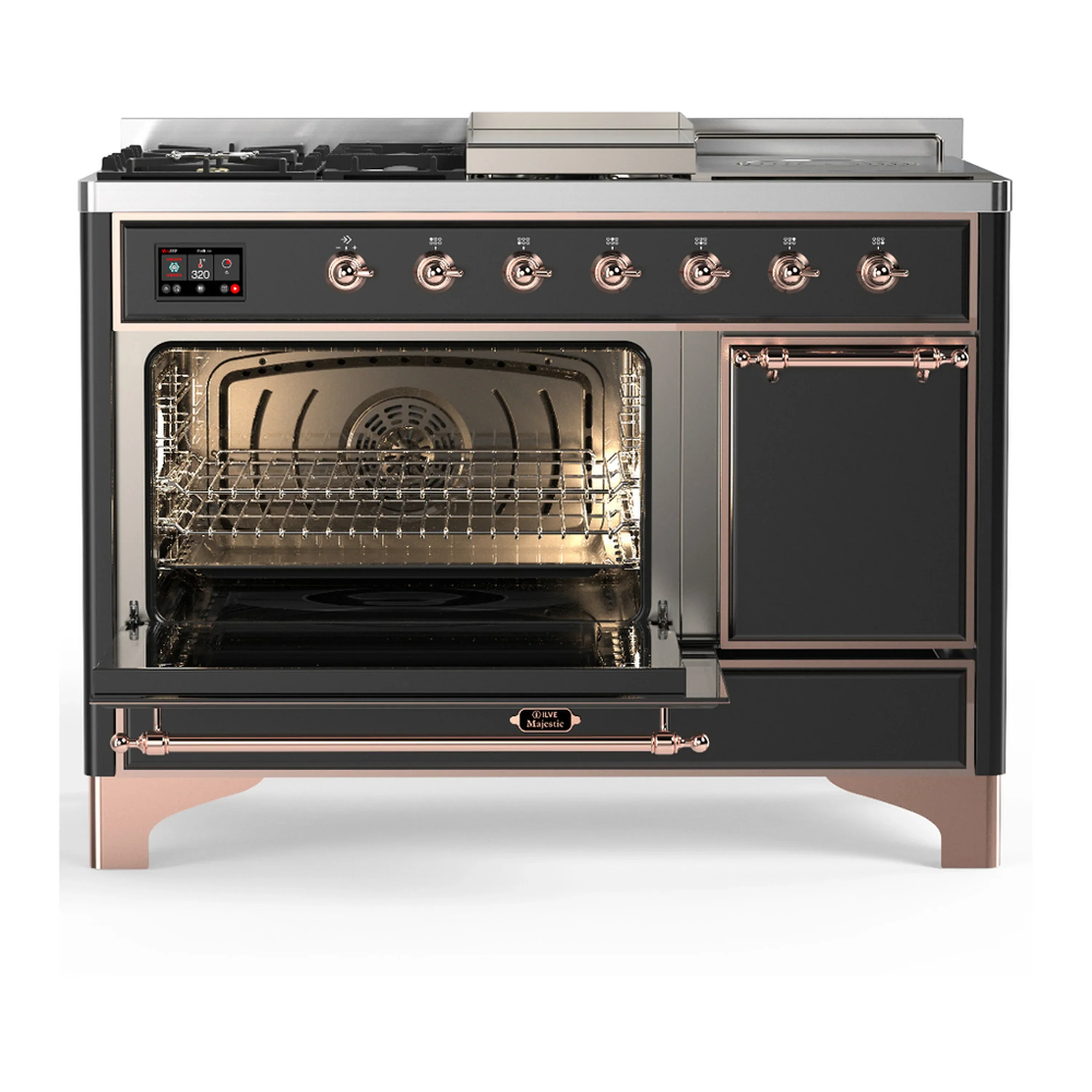 ILVE Majestic III 48-inch Dual Fuel Range with 5 Liquid Propane Burner, Griddle, French Top and Solid Door Electric Oven in Graphite Matte with Copper Trim (UM48FSQNR3MGPLP) - Image 5