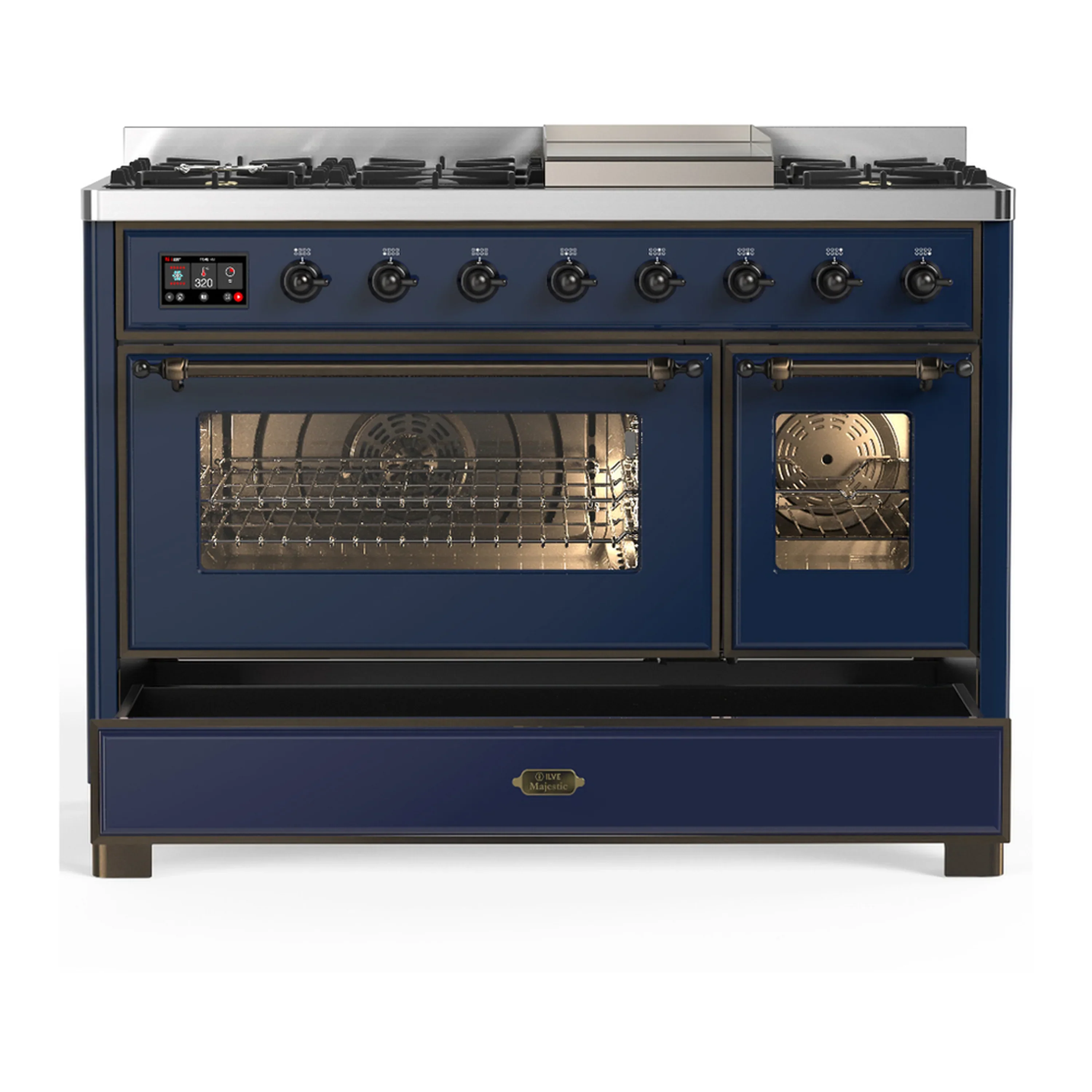 ILVE Majestic III 48-inch Dual Fuel Range with 5 Natural Gas Burner, Griddle and Triple Glass Door Electric Oven in Midnight Blue with Copper Trim (UM48FNR3MBP) - Image 3