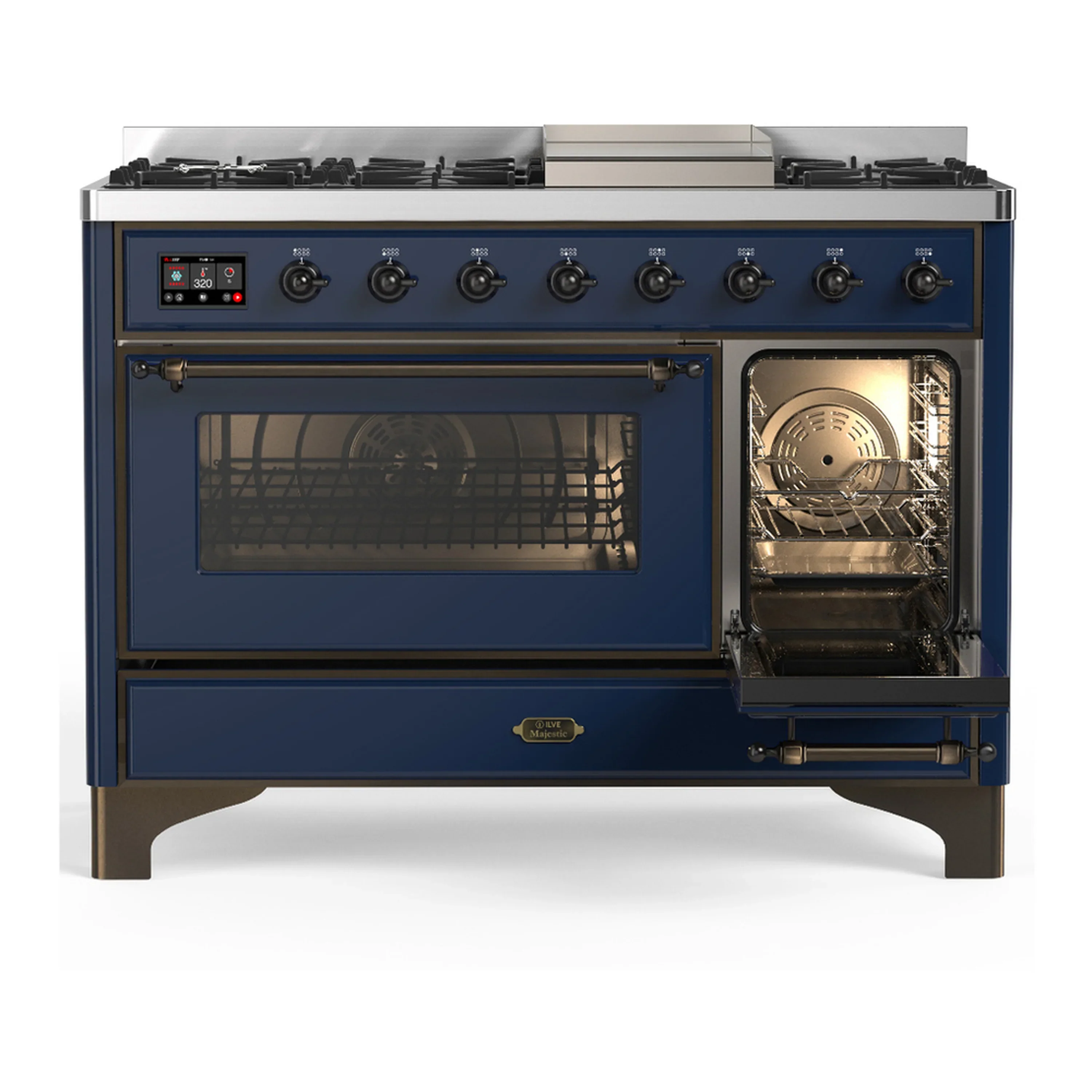 ILVE Majestic III 48-inch Dual Fuel Range with 5 Natural Gas Burner, Griddle and Triple Glass Door Electric Oven in Midnight Blue with Copper Trim (UM48FNR3MBP) - Image 4