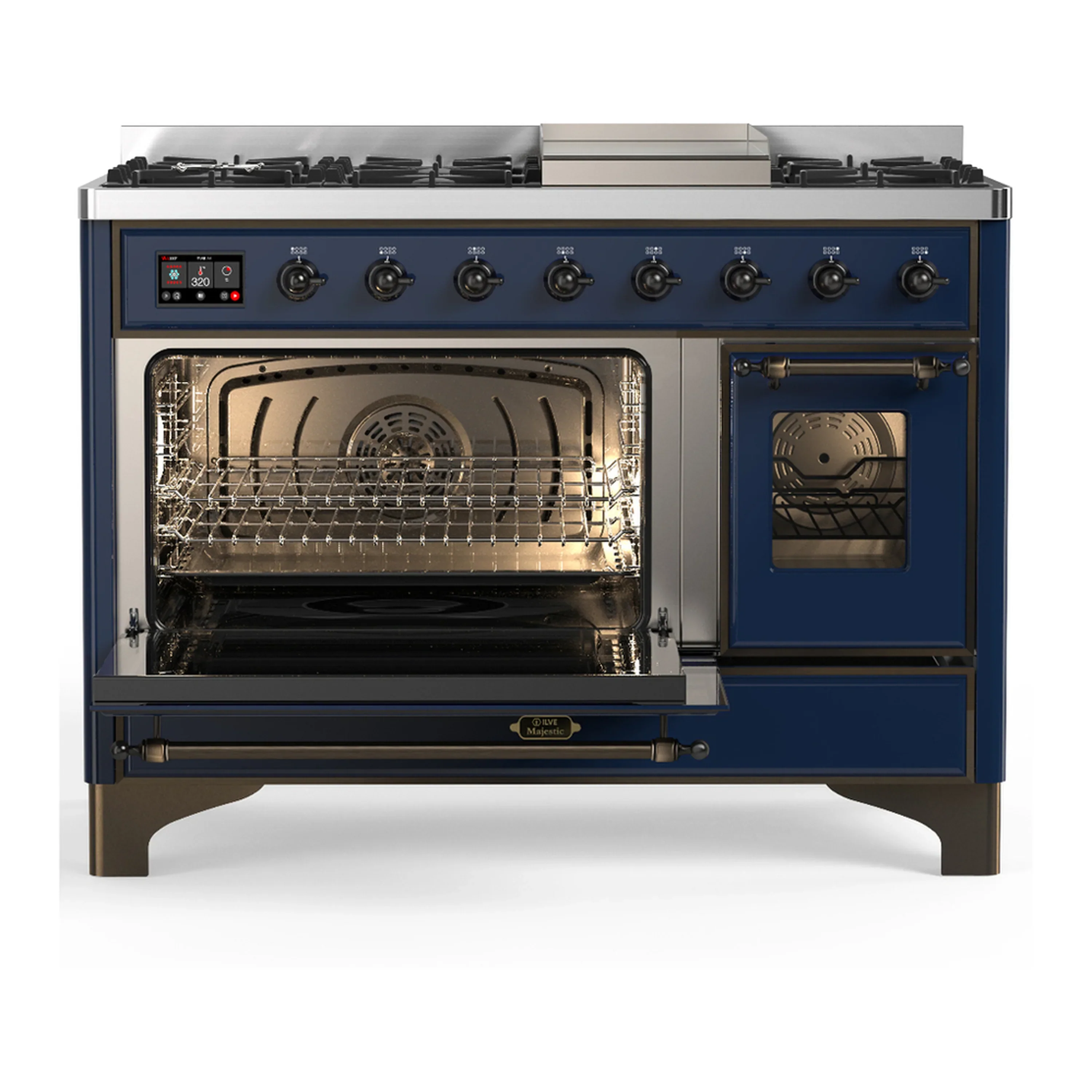 ILVE Majestic III 48-inch Dual Fuel Range with 5 Natural Gas Burner, Griddle and Triple Glass Door Electric Oven in Midnight Blue with Copper Trim (UM48FNR3MBP) - Image 5