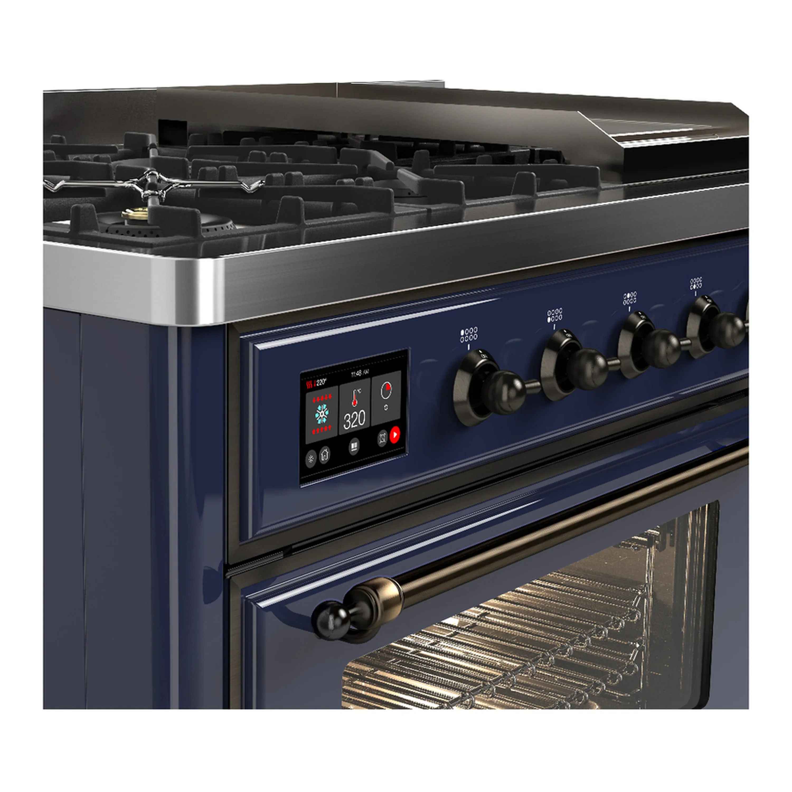 ILVE Majestic III 48-inch Dual Fuel Range with 5 Natural Gas Burner, Griddle and Triple Glass Door Electric Oven in Midnight Blue with Copper Trim (UM48FNR3MBP) - Image 7