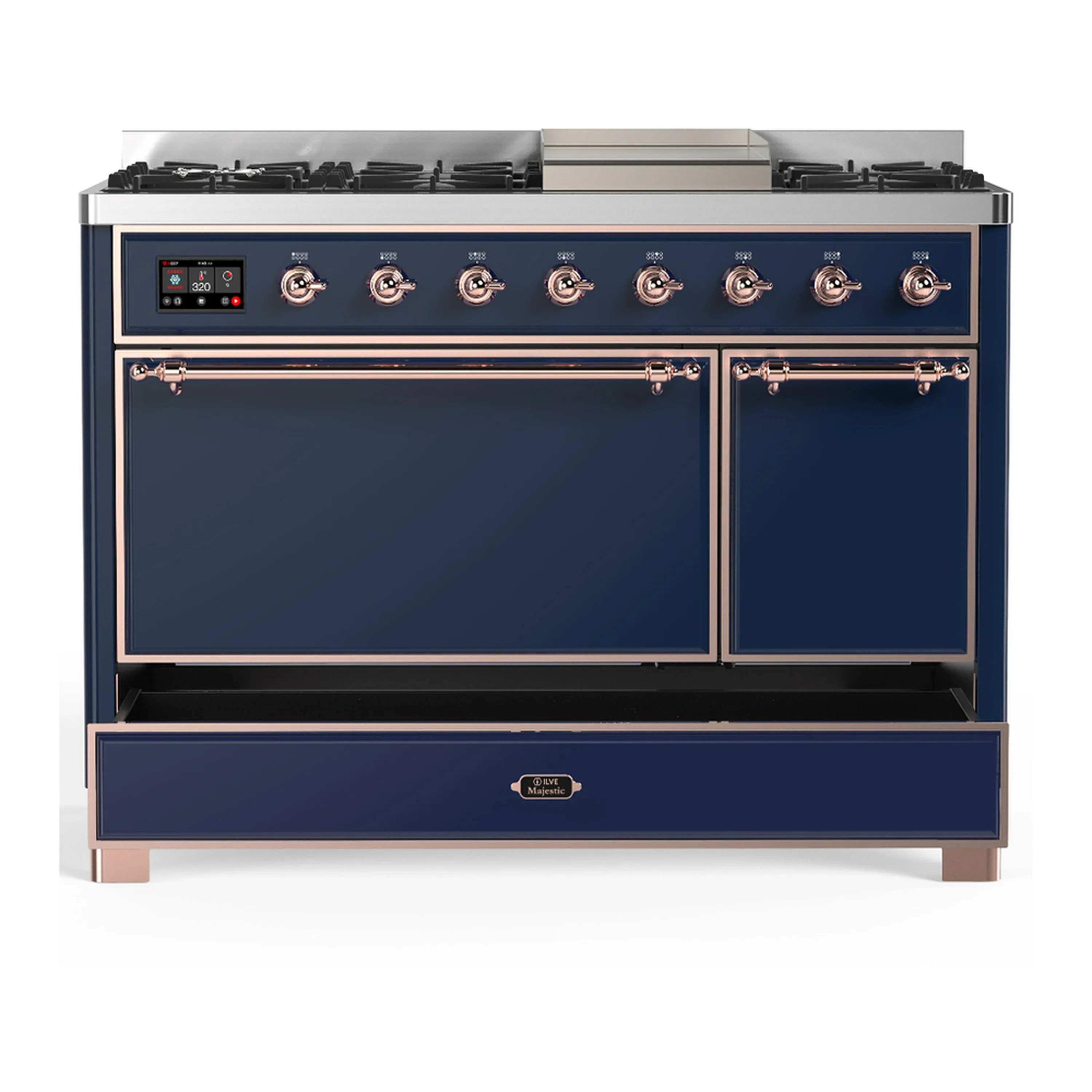 ILVE Majestic III 48-inch Dual Fuel Range with 5 Natural Gas Burner, Griddle and Solid Door Electric Oven in Midnight Blue with Copper Trim (UM48FQNR3MBP) - Image 3
