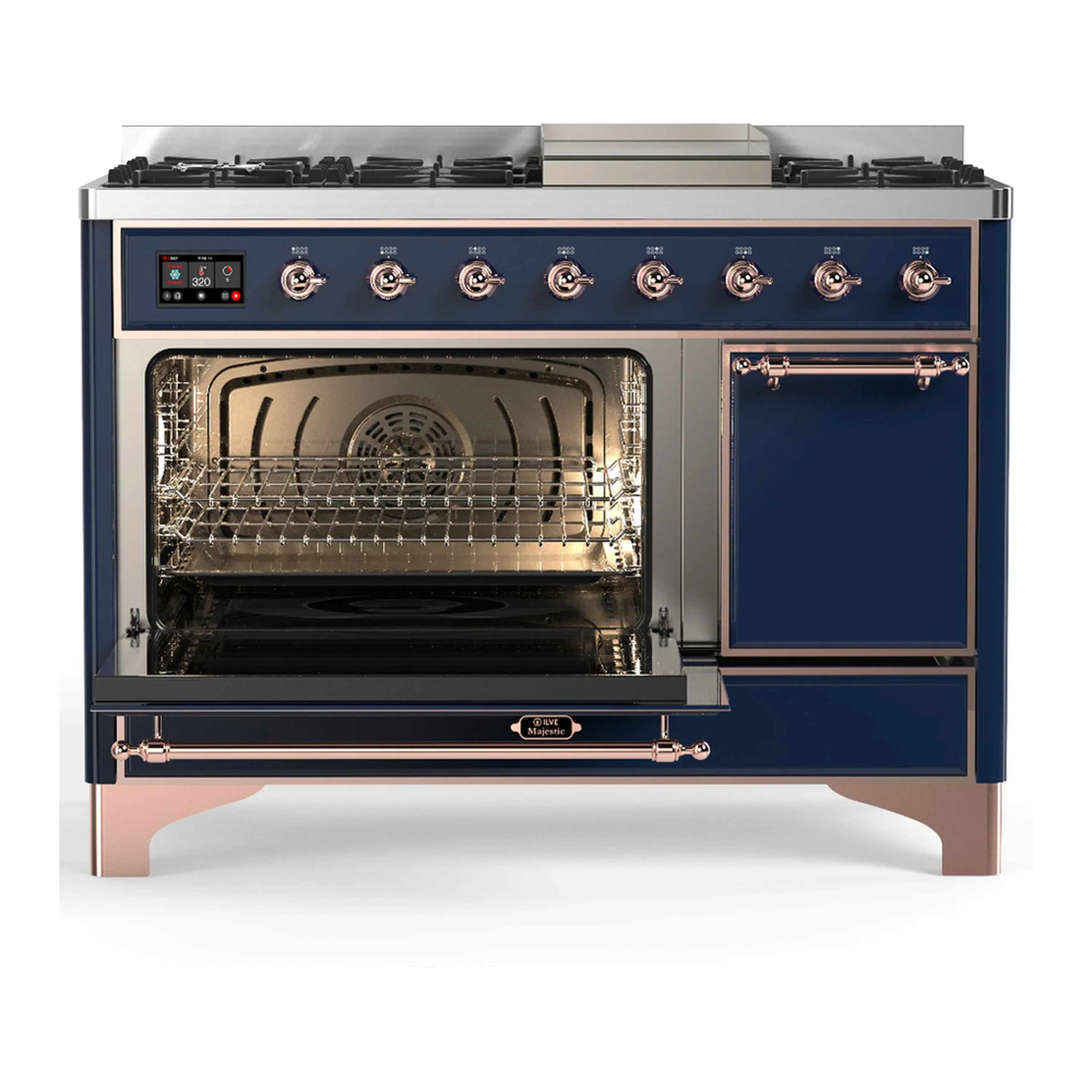 ILVE Majestic III 48-inch Dual Fuel Range with 5 Natural Gas Burner, Griddle and Solid Door Electric Oven in Midnight Blue with Copper Trim (UM48FQNR3MBP) - Image 5