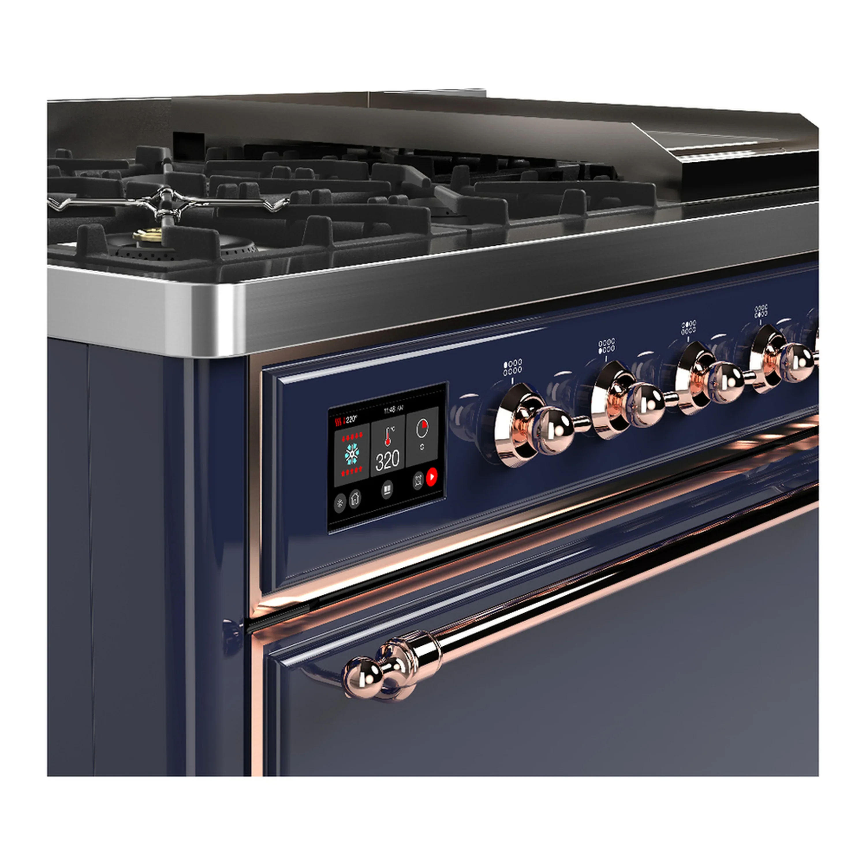 ILVE Majestic III 48-inch Dual Fuel Range with 5 Natural Gas Burner, Griddle and Solid Door Electric Oven in Midnight Blue with Copper Trim (UM48FQNR3MBP) - Image 7