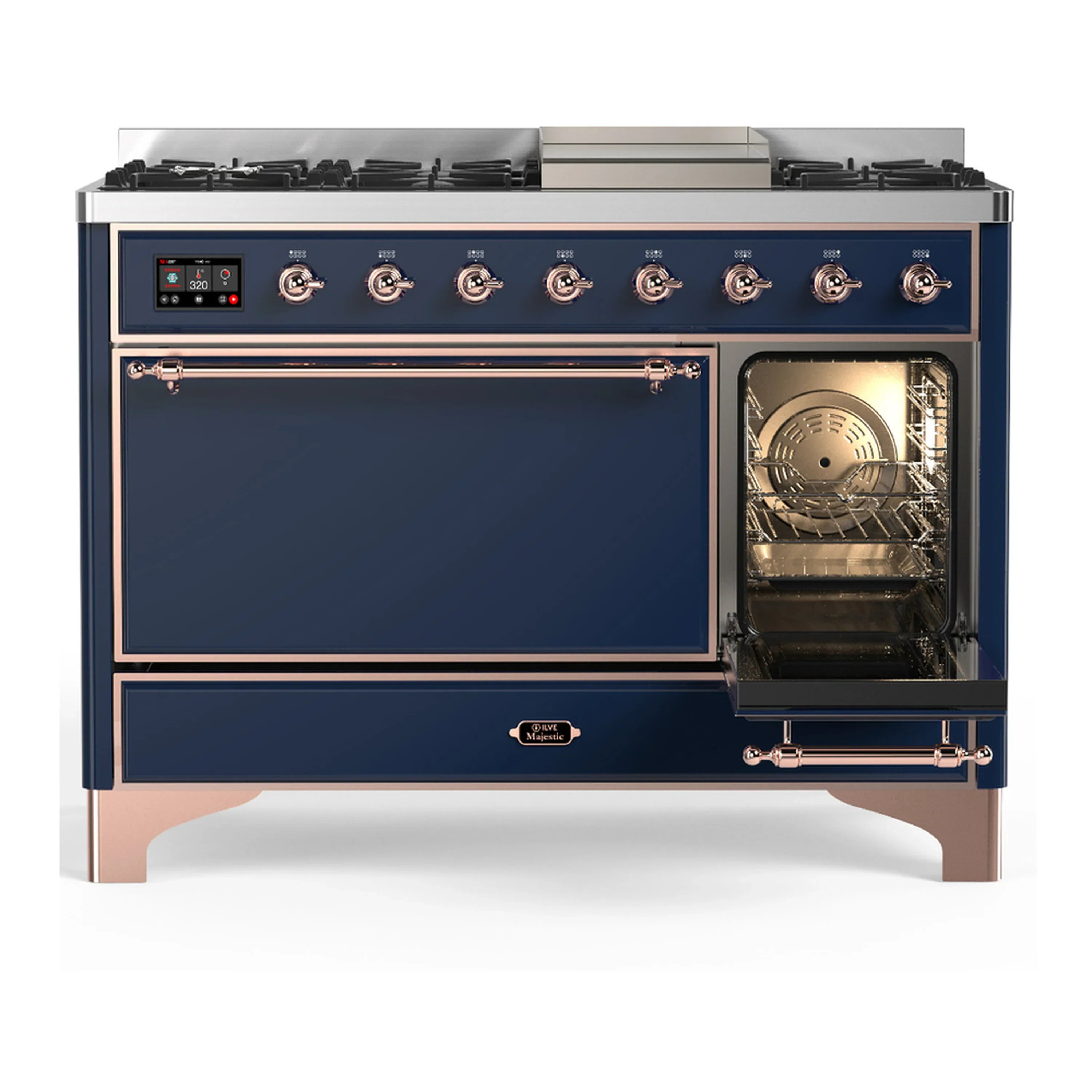 ILVE Majestic III 48-inch Dual Fuel Range with 5 Liquid Propane Burner, Griddle and Solid Door Electric Oven in Midnight Blue with Copper Trim (UM48FQNR3MBPLP) - Image 4