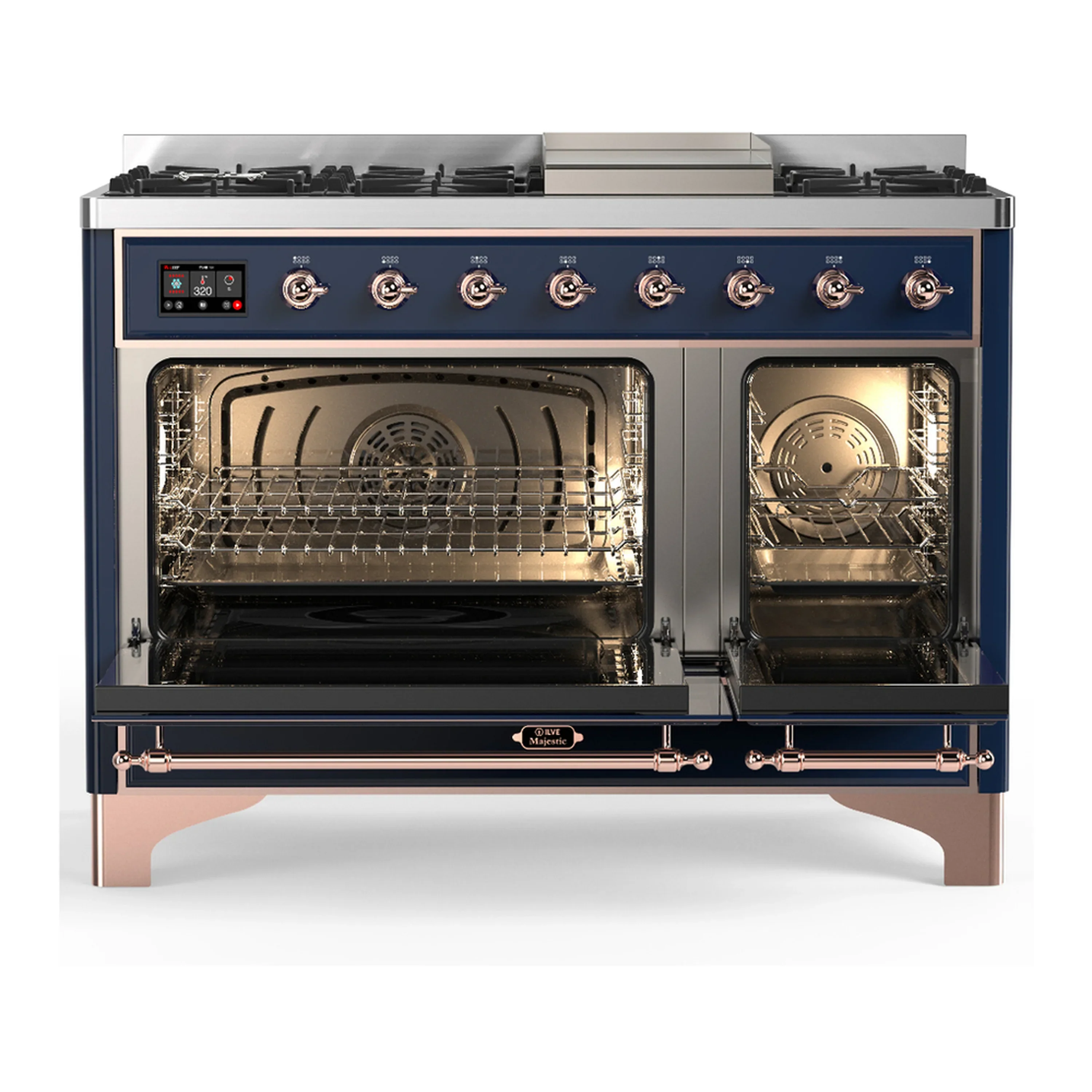 ILVE Majestic III 48-inch Dual Fuel Range with 5 Liquid Propane Burner, Griddle and Solid Door Electric Oven in Midnight Blue with Copper Trim (UM48FQNR3MBPLP) - Image 6