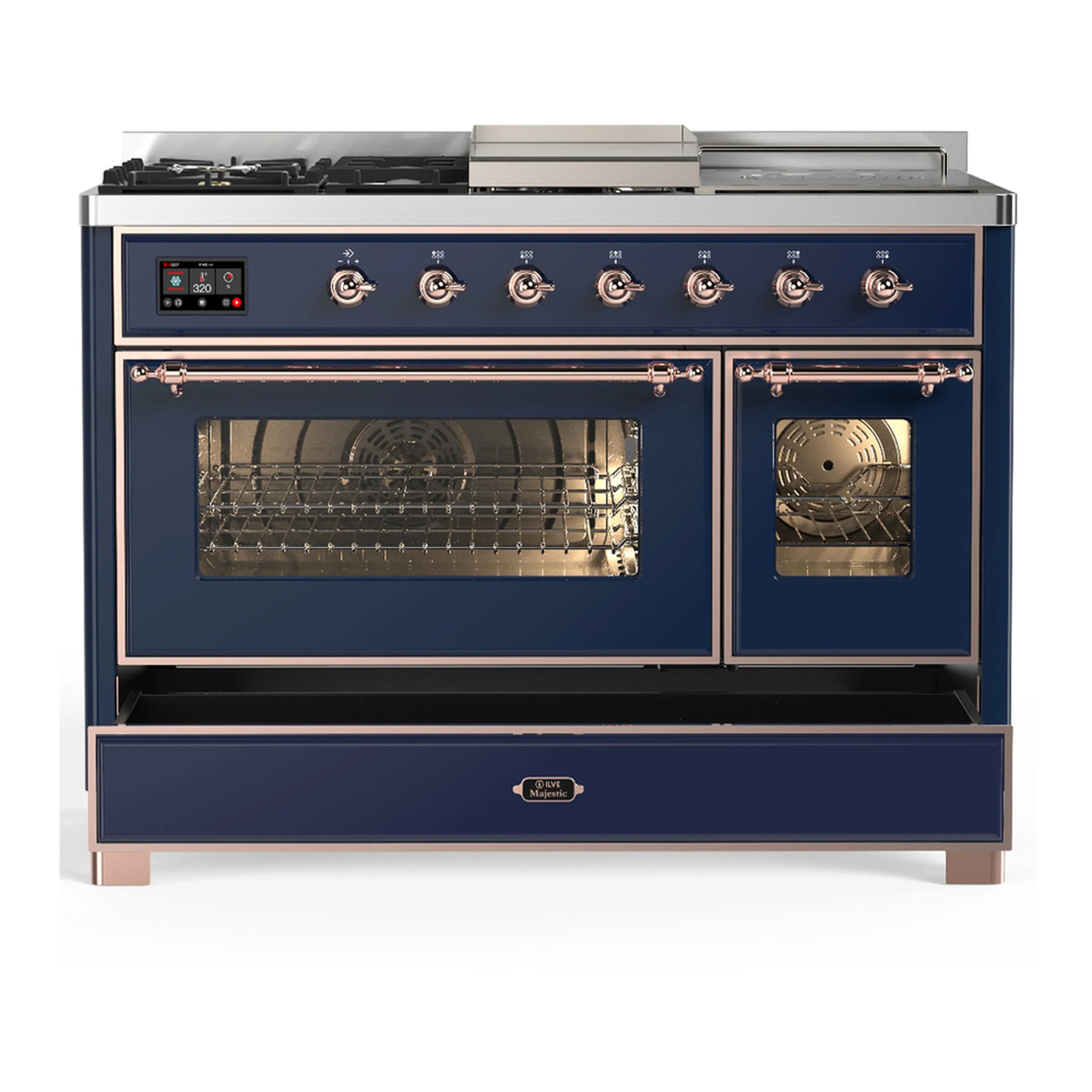 ILVE Majestic III 48-inch Dual Fuel Range with 5 Natural Gas Burner, Griddle, French Top and Triple Glass Door Electric Oven in Midnight Blue with Copper Trim (UM48FSNR3MBP) - Image 3