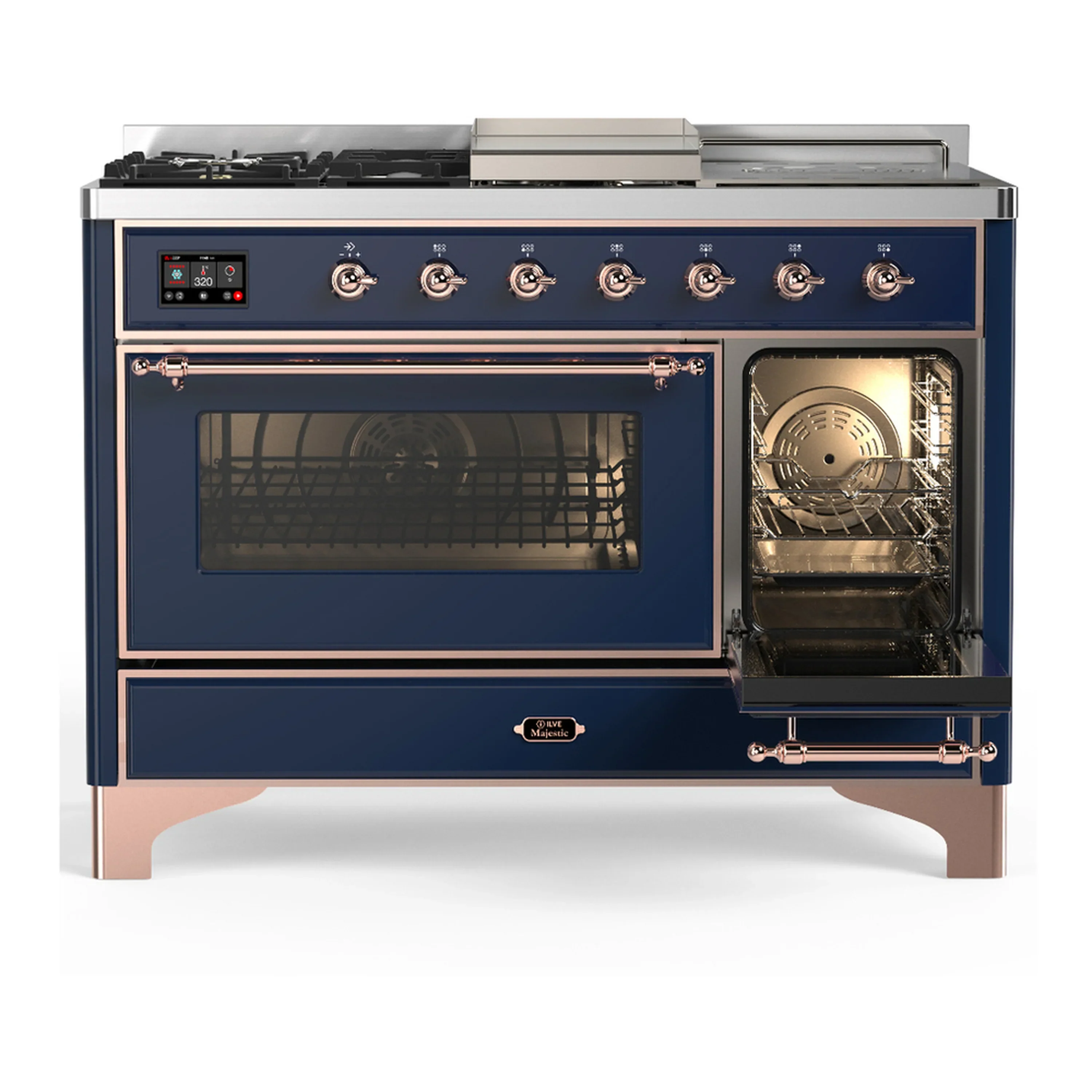 ILVE Majestic III 48-inch Dual Fuel Range with 5 Natural Gas Burner, Griddle, French Top and Triple Glass Door Electric Oven in Midnight Blue with Copper Trim (UM48FSNR3MBP) - Image 4