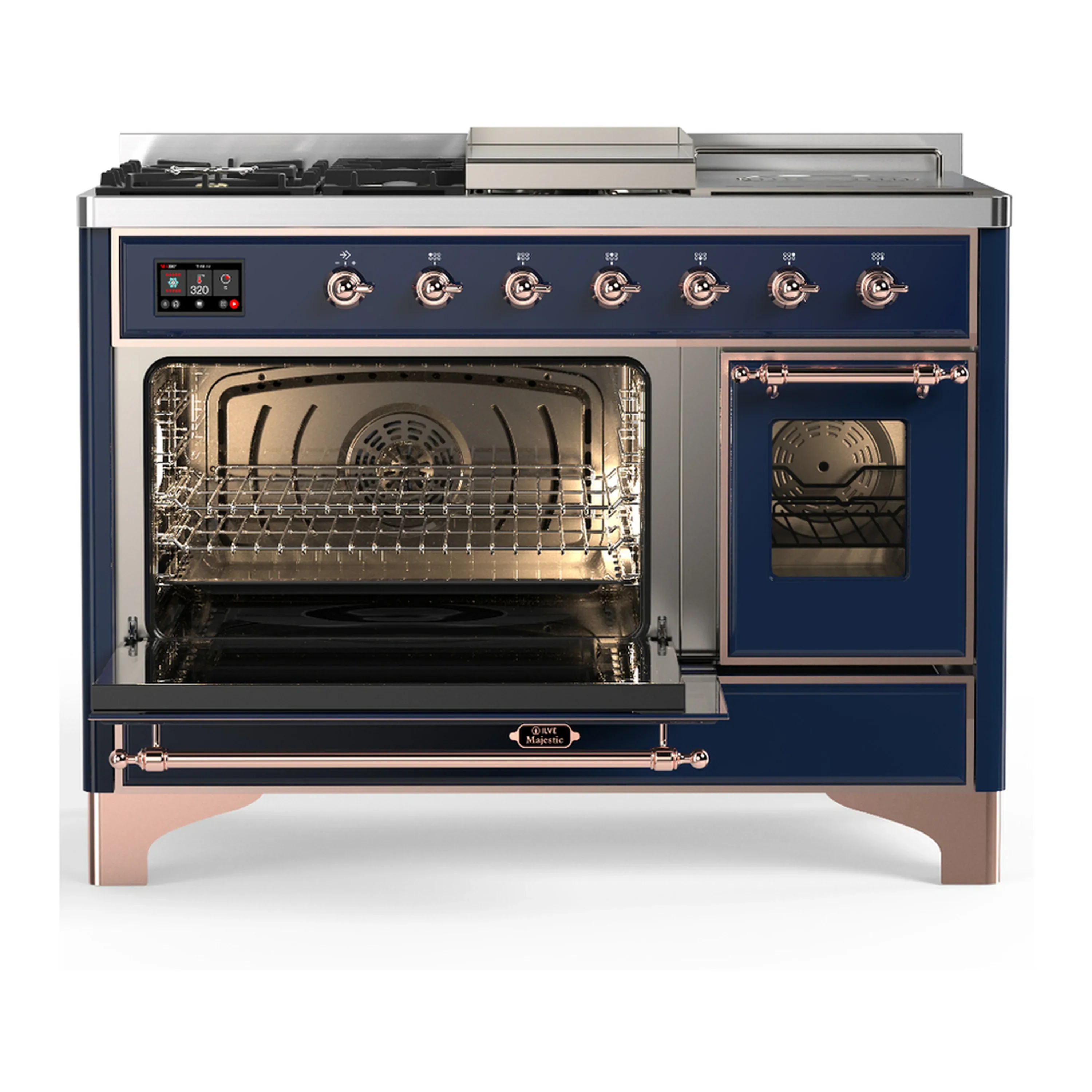 ILVE Majestic III 48-inch Dual Fuel Range with 5 Natural Gas Burner, Griddle, French Top and Triple Glass Door Electric Oven in Midnight Blue with Copper Trim (UM48FSNR3MBP) - Image 5