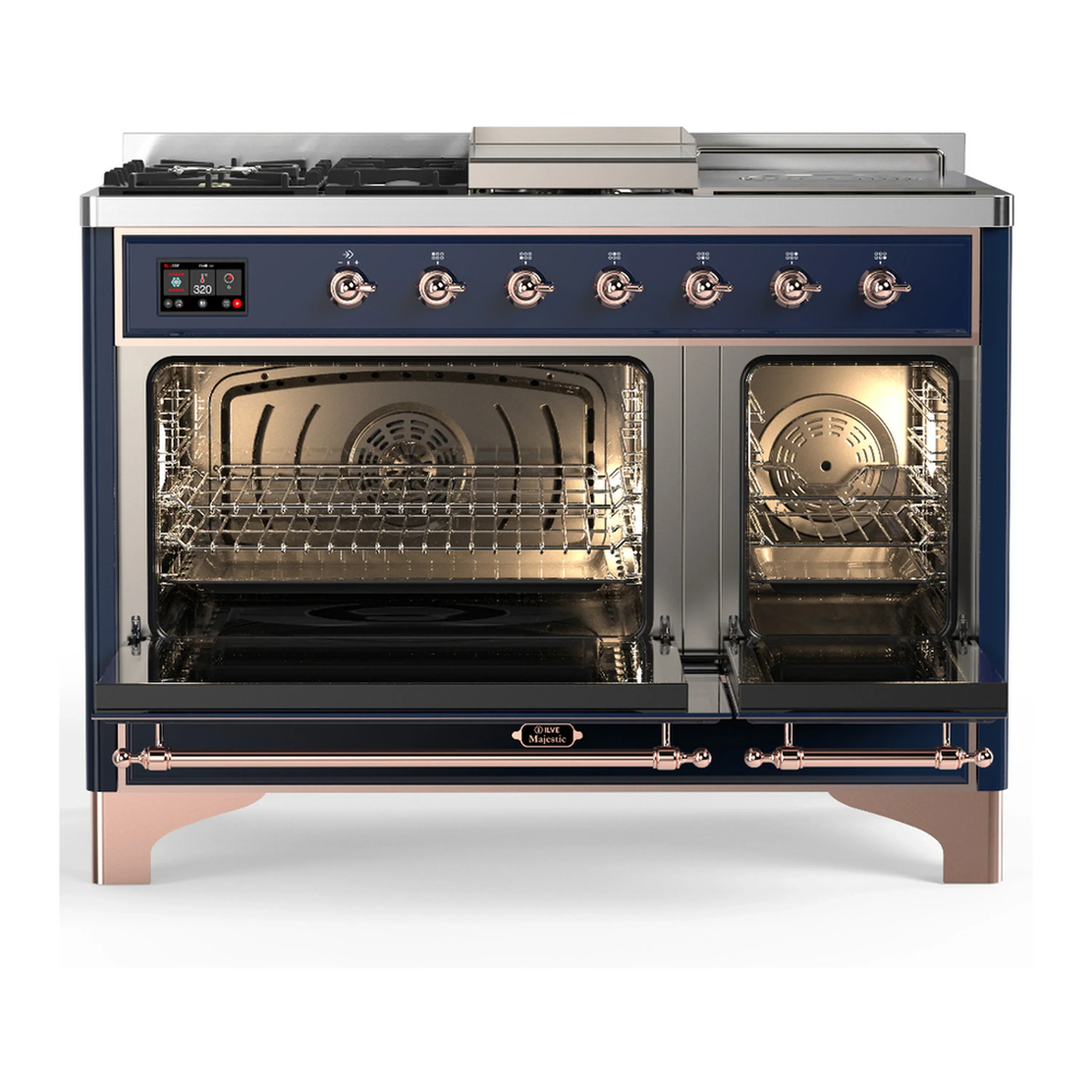 ILVE Majestic III 48-inch Dual Fuel Range with 5 Natural Gas Burner, Griddle, French Top and Triple Glass Door Electric Oven in Midnight Blue with Copper Trim (UM48FSNR3MBP) - Image 6